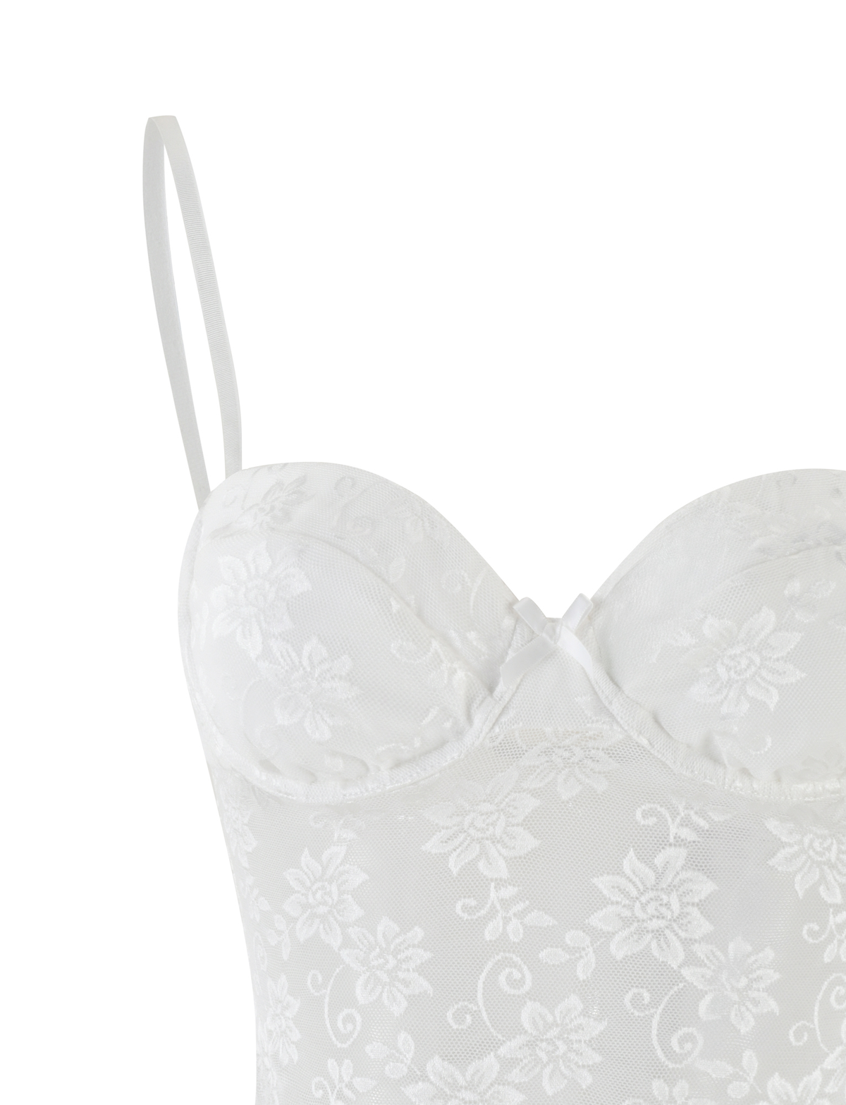 The CHARLEIGH TOP - WHITE : LACE by TIGERMIST is a white lace camisole bustier with spaghetti straps, floral patterns, a sweetheart neckline, and sheer fabric.