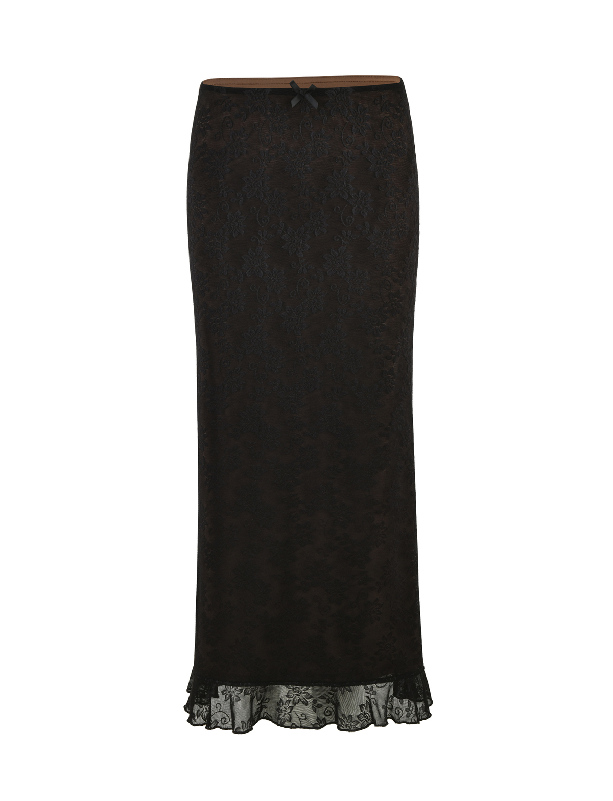 The CHARLEIGH SKIRT - BLACK : LACE by TIGERMIST is a black midi lace skirt with a subtle floral pattern, fitted silhouette, small waistband bow, and a ruffled hem, shown against a white background.