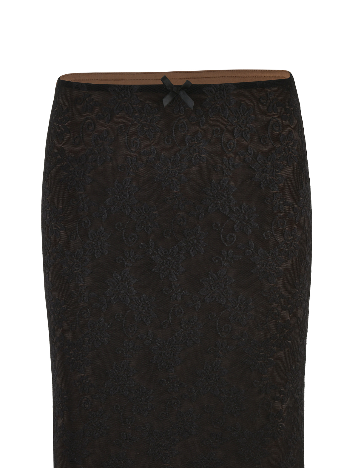 A close-up of the TIGERMIST CHARLEIGH SKIRT - BLACK : LACE, a fitted midi with delicate floral lace and a small black bow at the waistband, shown against a white background.
