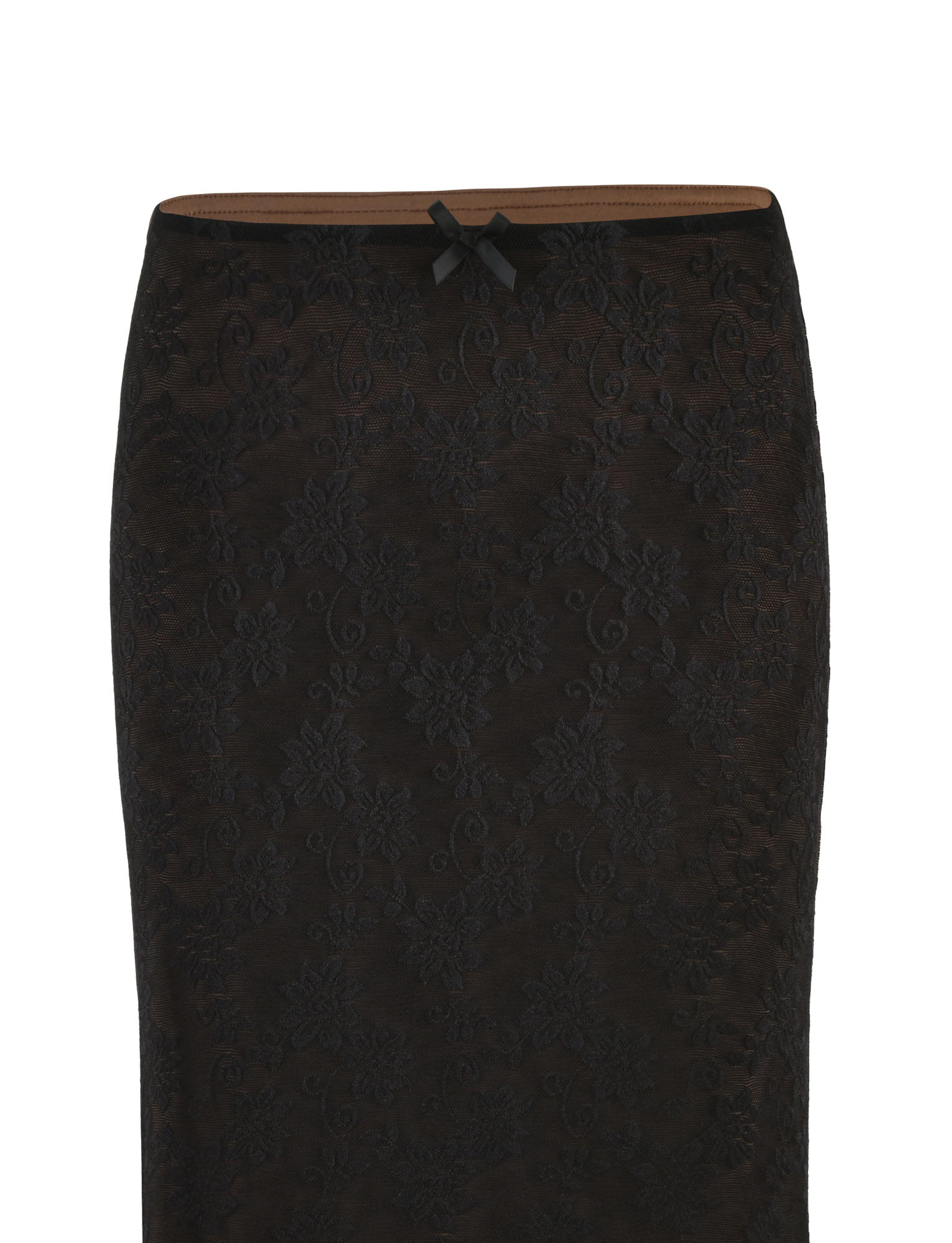 A close-up of the TIGERMIST CHARLEIGH SKIRT - BLACK : LACE, a fitted midi with delicate floral lace and a small black bow at the waistband, shown against a white background.