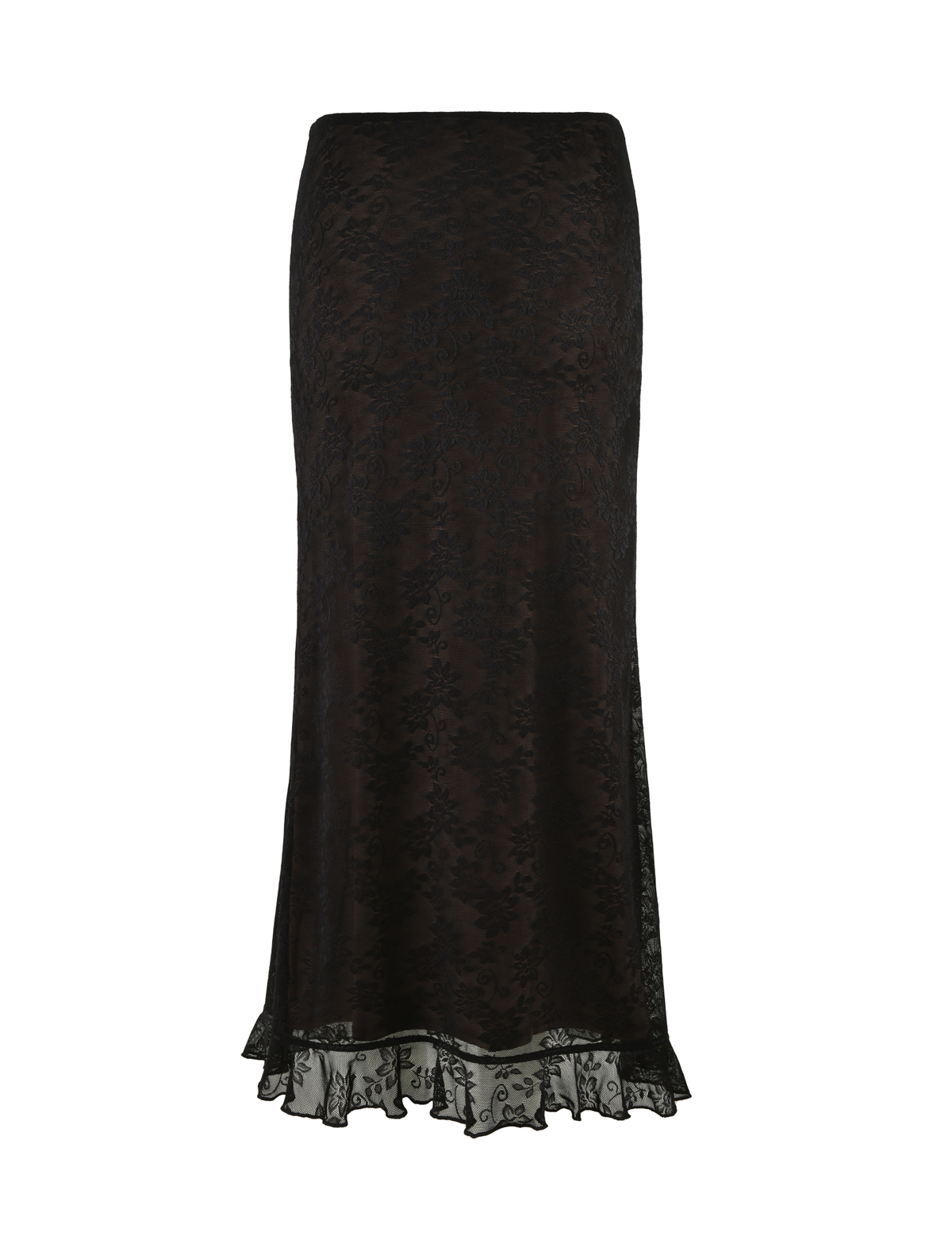 The TIGERMIST CHARLEIGH SKIRT - BLACK : LACE is a midi-length, black lace skirt with a subtle floral pattern and flared ruffled hem, shown against a white background.