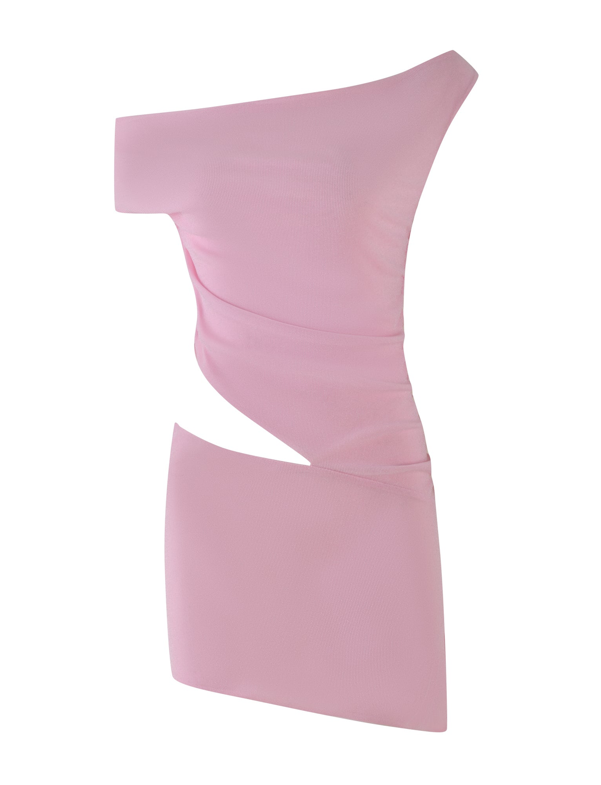 The TIGERMIST COBI MINI DRESS 2.0 in Baby Pink features an asymmetrical one-shoulder design, cut-out waist, fitted silhouette, and glitter fabric, shown against a plain white background.