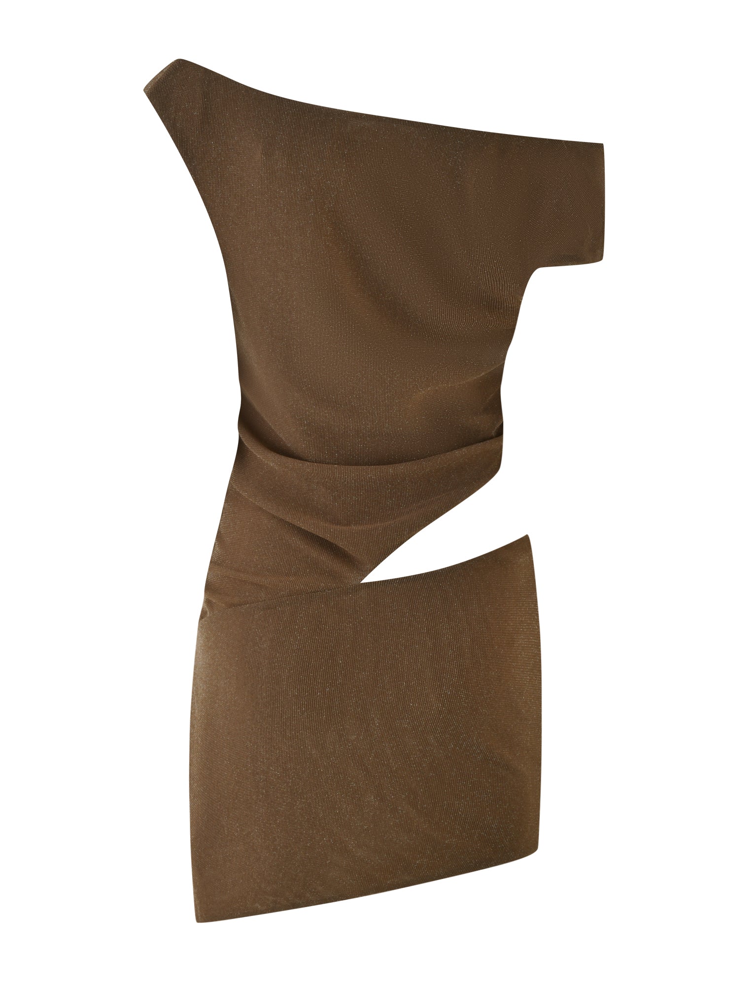 The TIGERMIST COBI MINI DRESS 2.0 in brown features a one-shoulder, asymmetrical design with a diagonal waist cutout, offering a modern silhouette and smooth texture against a white backdrop.