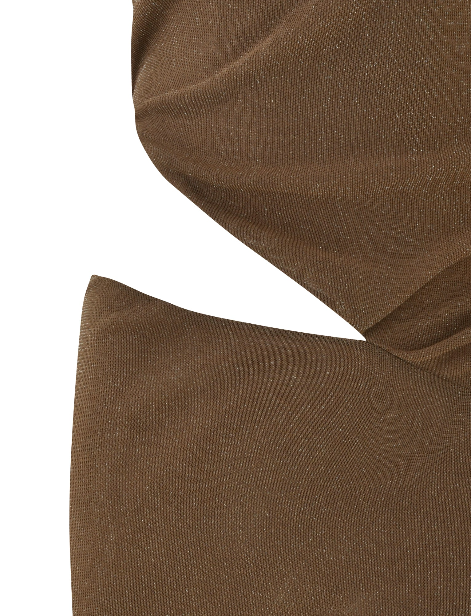 Close-up of the TIGERMIST COBI MINI DRESS 2.0 in brown, showcasing ribbed fabric with a diagonal cutout and folds that form an abstract geometric pattern.