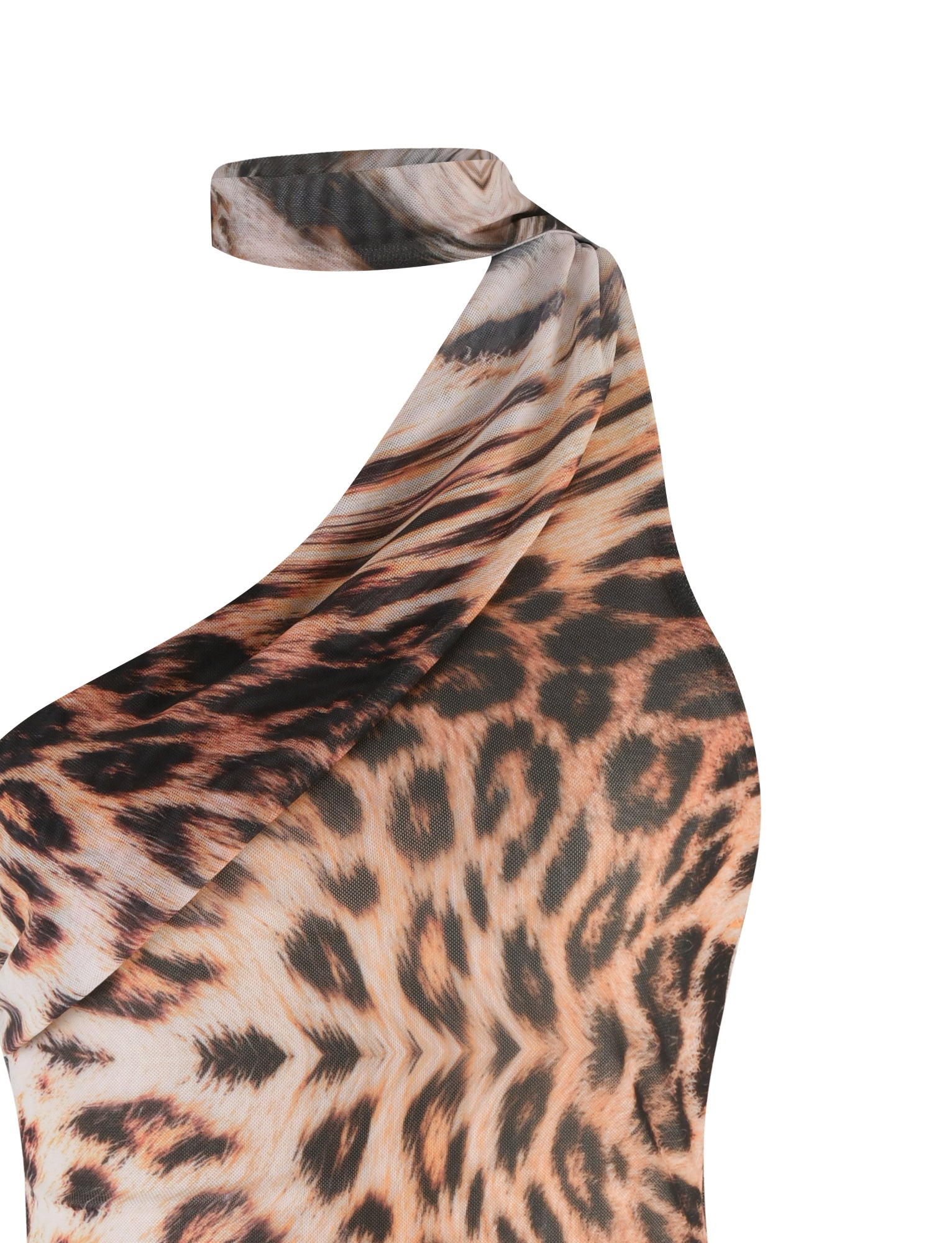 A close-up of the TIGERMIST ALLIRA MESH MINI DRESS 2.0 in LEOPARD HAZE, featuring a one shoulder design and elegant mesh fabric with a striking neutral leopard print in brown, beige, and black tones.