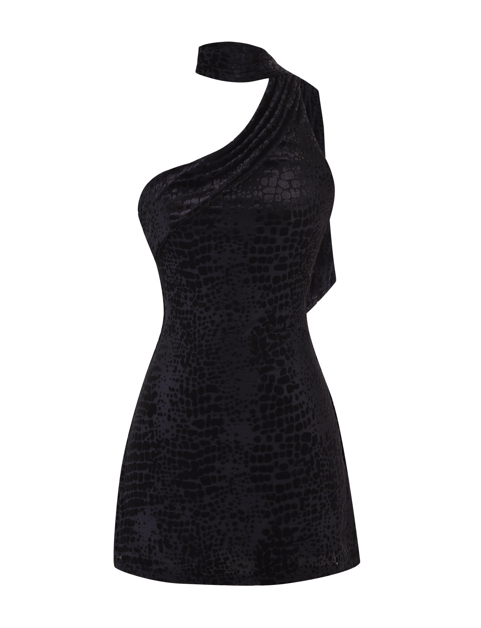 The ALLIRA BURNOUT MINI DRESS 2.0 in black by TIGERMIST is a gorgeous one-shoulder piece with a textured, shiny snake pattern. Its draped shoulder design adds an elegant and stylish touch, making it ideal for any sophisticated occasion.