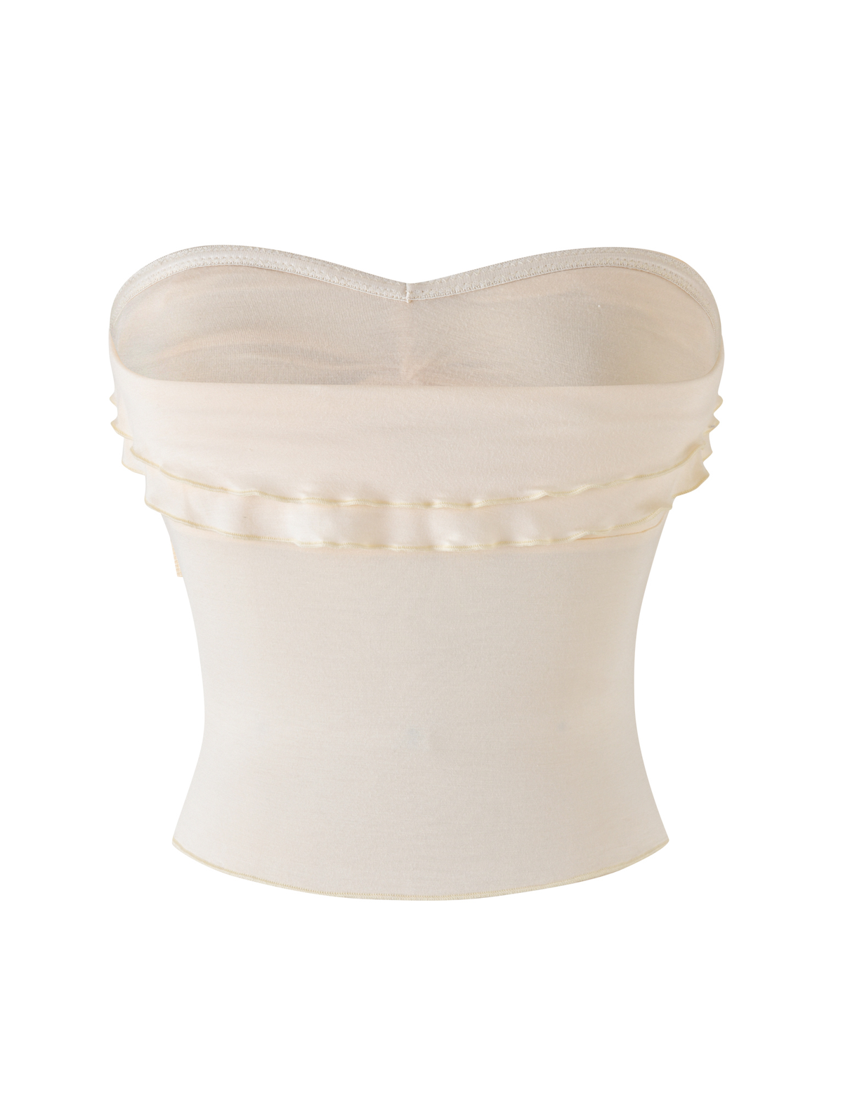 The TIGERMIST DENALI BOOB TUBE in Neutral: Bone is a sheer, strapless top with a classic silhouette, layered details at the top hem, and a subtle sheen, shown against a white background.