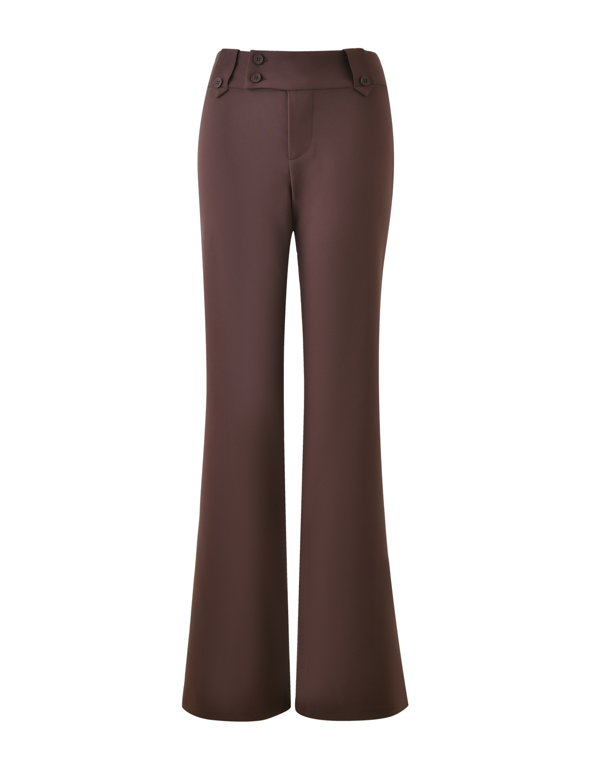 The KITTIE PANT - BROWN : CHOCOLATE by TIGERMIST showcases a high-waisted, flare fit with an asymmetrical waistband and front button details, shown against a plain background.