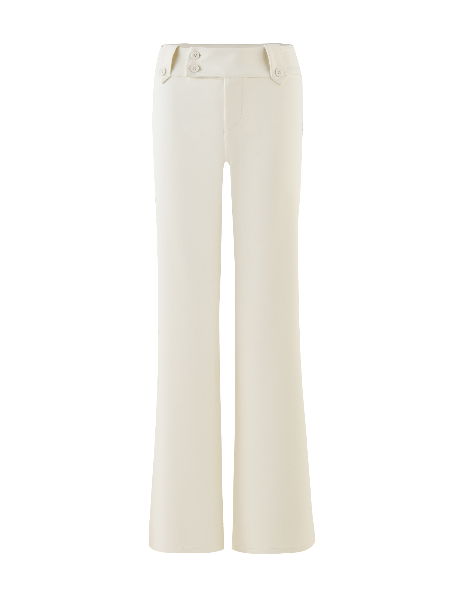 The TIGERMIST KITTIE PANT - WHITE : CREAM features a high waist, flare fit, wide legs, front seam details, and decorative waistband buttons.