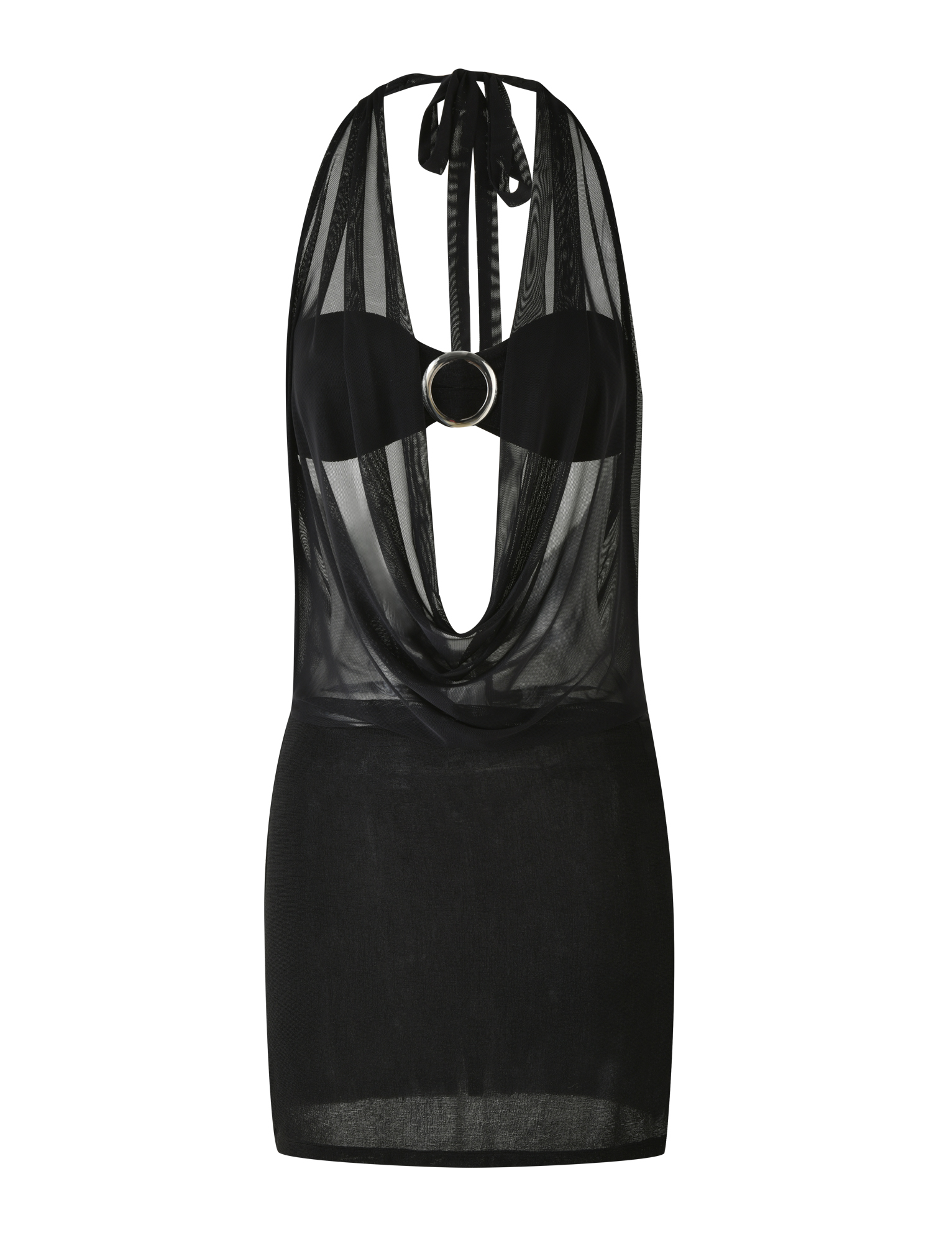 The MAKENA TWO-PIECE DRESS - BLACK by TIGERMIST features a sheer black mini design with a plunging neckline, open back, mesh overlay inspired by the Mesh Cowl Neck Halter, a central bust ring, and a solid mini skirt for an alluring look.