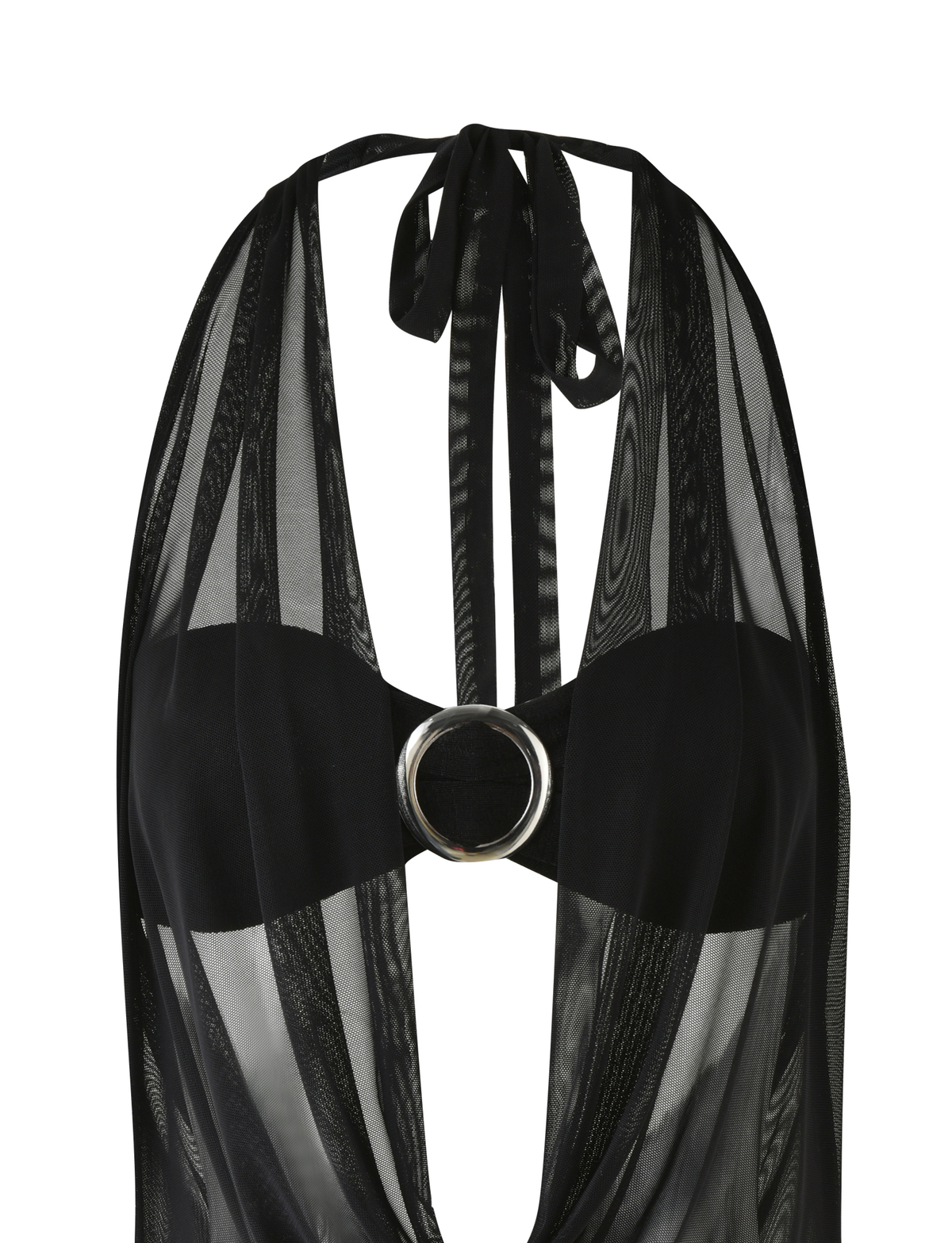 Introducing the MAKENA TWO-PIECE DRESS in black by TIGERMIST, featuring a cowl neck halter top with a sheer striped lurex overlay, deep neckline, and a statement silver buckle at the center front.