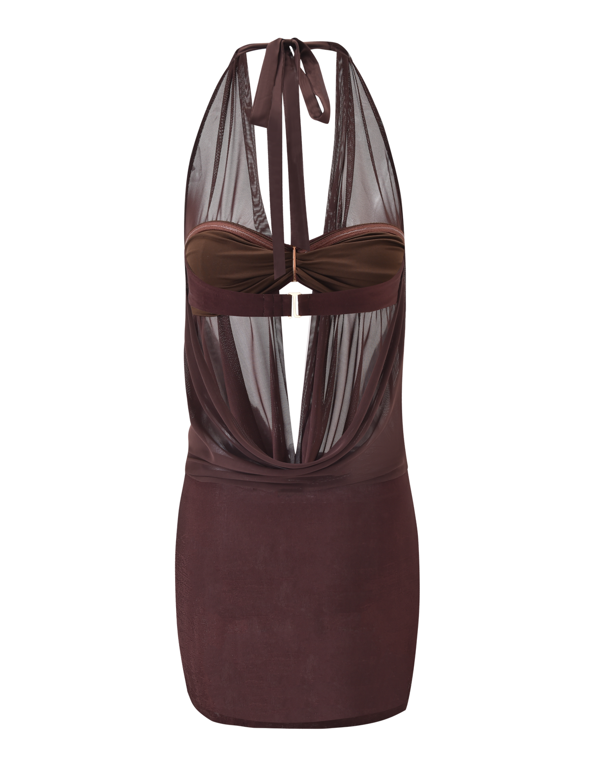 The MAKENA TWO-PIECE DRESS in Chocolate by TIGERMIST features a sheer mesh cowl neck halter top with ruched bust, open back, tie at the neck, and a draped mesh overlay paired with a fitted mini skirt.