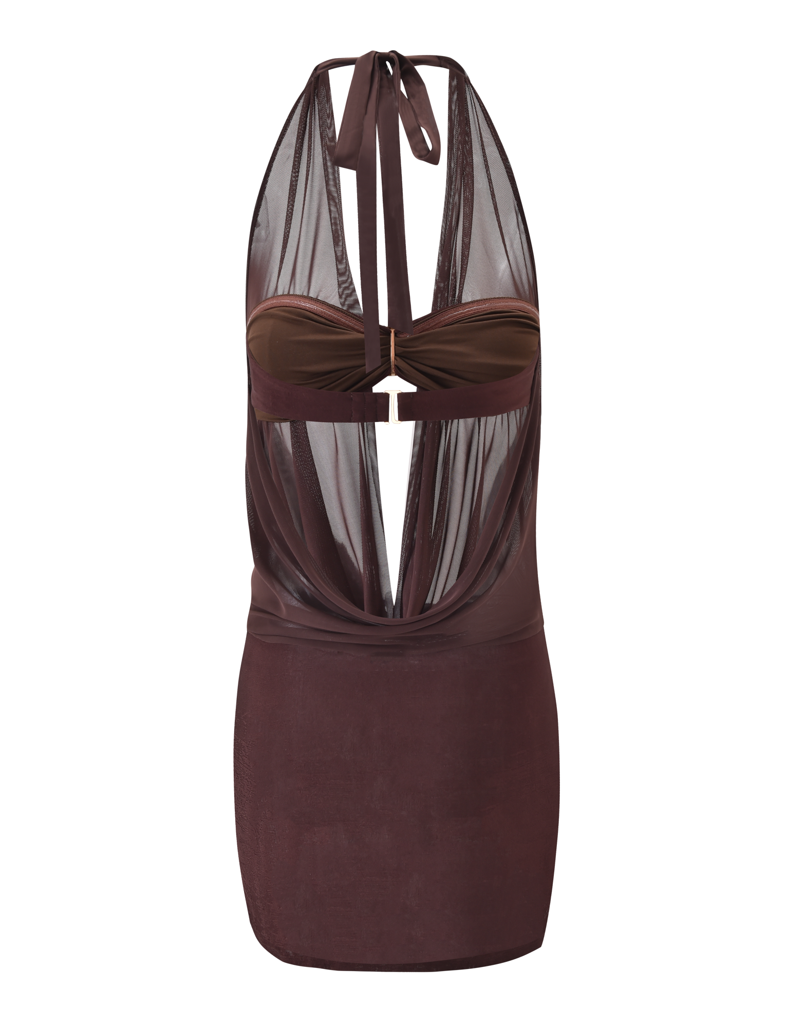 The MAKENA TWO-PIECE DRESS in Chocolate by TIGERMIST features a sheer mesh cowl neck halter top with ruched bust, open back, tie at the neck, and a draped mesh overlay paired with a fitted mini skirt.