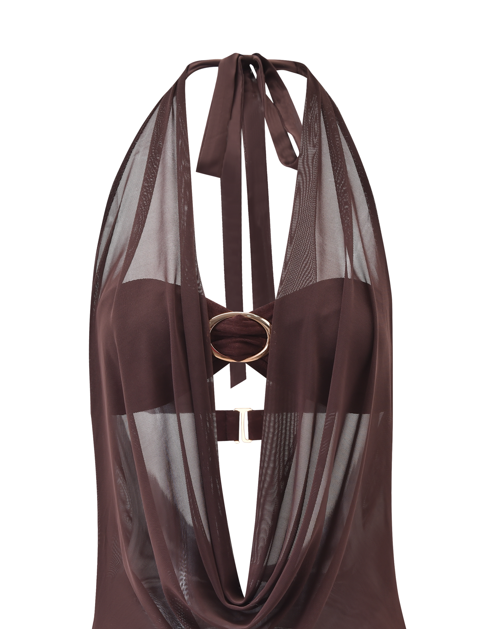 The MAKENA TWO-PIECE DRESS in Chocolate by TIGERMIST features a stylish cowl neckline, sheer mesh panels, a central gold ring detail, and neck ties for a modern look that blends opaque and transparent fabrics.