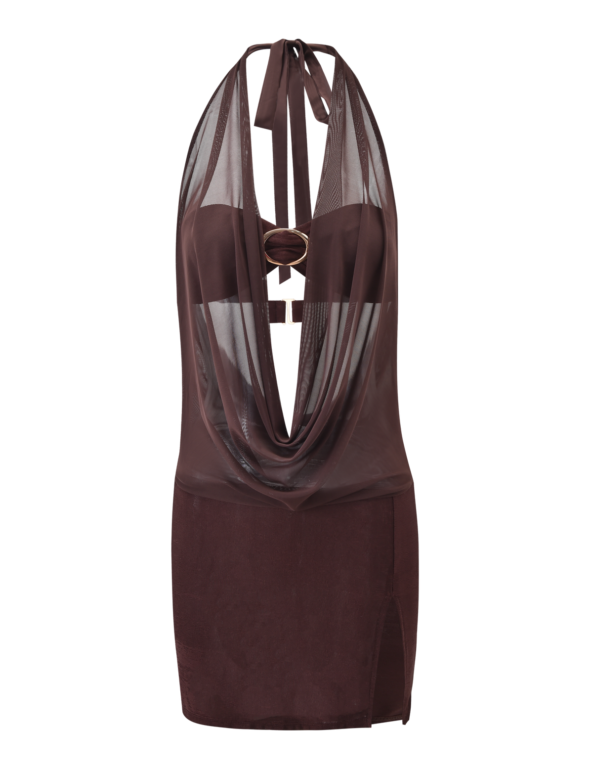 The MAKENA TWO-PIECE DRESS - CHOCOLATE by TIGERMIST showcases a sheer mesh cowl neck halter, deep draped neckline, visible bandeau with gold ring detail, and a thigh-high side slit.