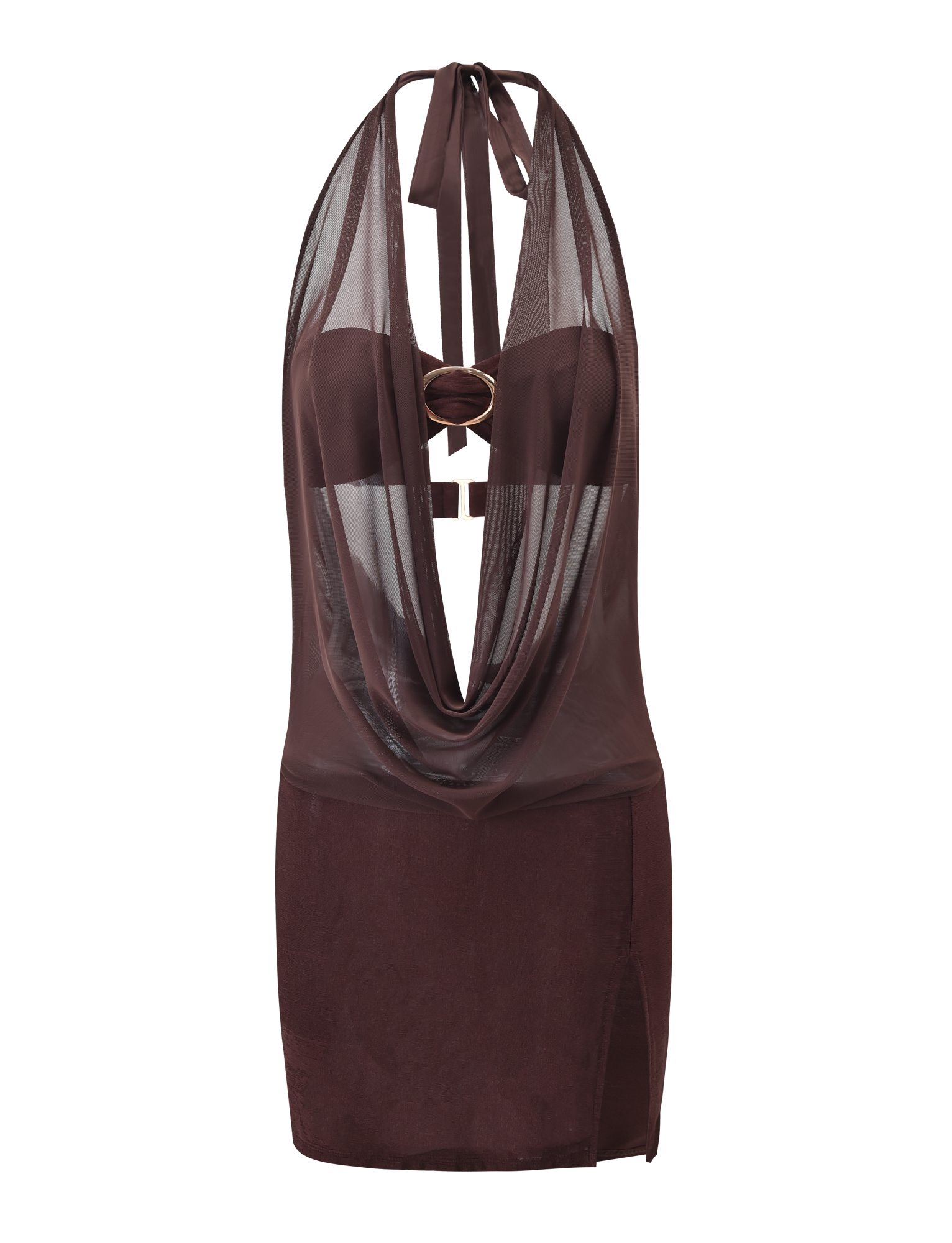 The MAKENA TWO-PIECE DRESS - CHOCOLATE by TIGERMIST showcases a sheer mesh cowl neck halter, deep draped neckline, visible bandeau with gold ring detail, and a thigh-high side slit.