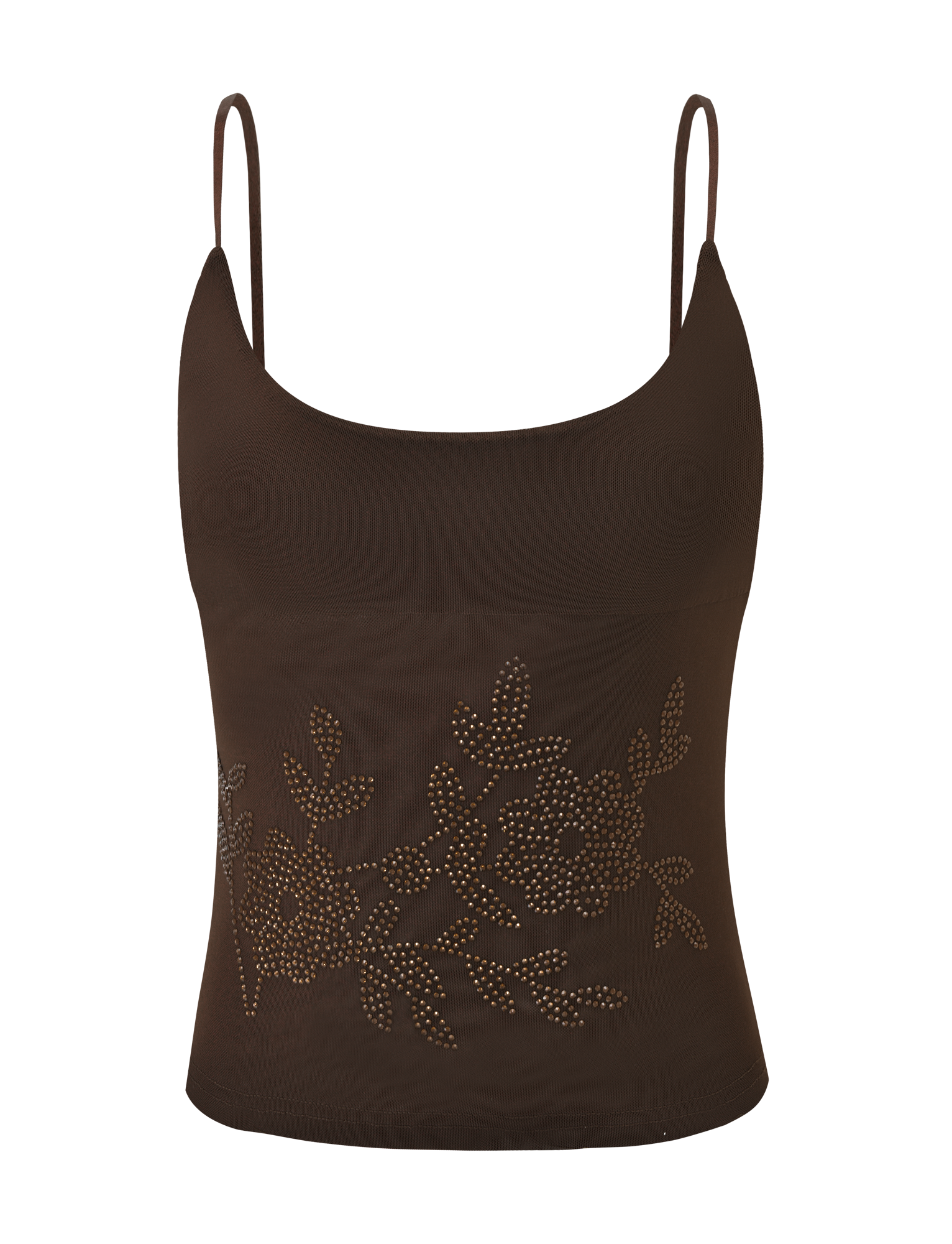 The OCTAVIA TOP - CHOCOLATE by TIGERMIST is a sleeveless crop with thin straps and a striking floral design made of metallic studs on the front.