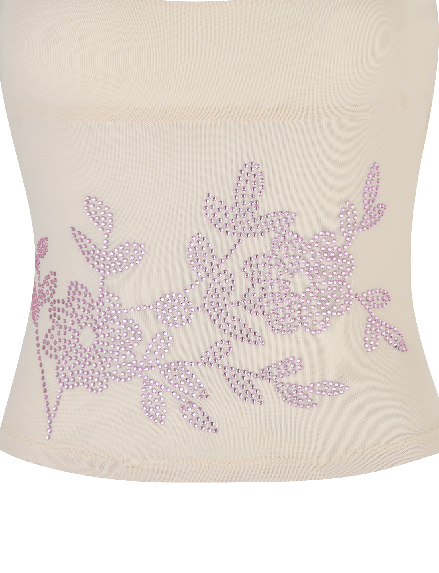 The OCTAVIA TOP - NEUTRAL : CREAM by TIGERMIST features beige mesh with a floral design crafted from light purple rhinestones forming two flowers and leaves.