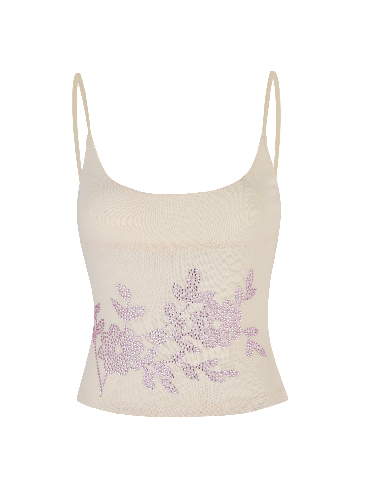 The OCTAVIA TOP - NEUTRAL : CREAM by TIGERMIST is a cream camisole with thin straps and pink floral embroidery on the front.