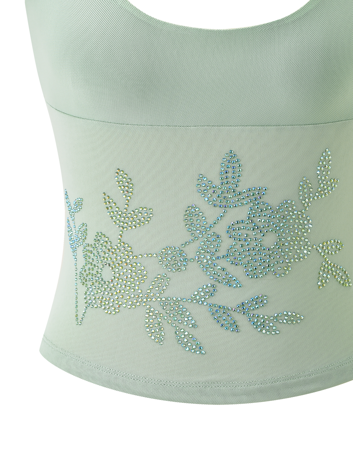 TIGERMIST OCTAVIA TOP - PISTACHIO: a pastel green sleeveless crop top with a blue and green rhinestone floral embellishment on the front.