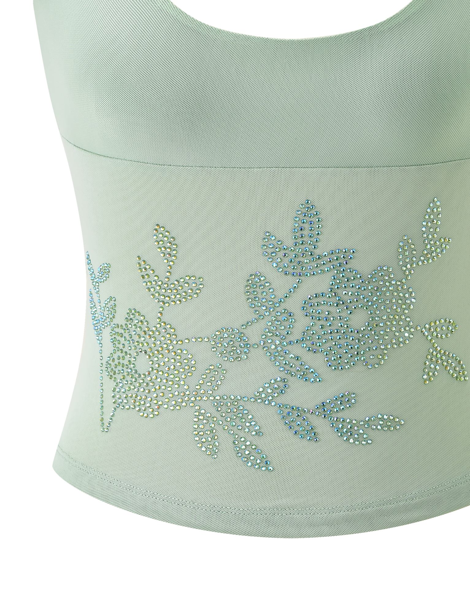 TIGERMIST OCTAVIA TOP - PISTACHIO: a pastel green sleeveless crop top with a blue and green rhinestone floral embellishment on the front.