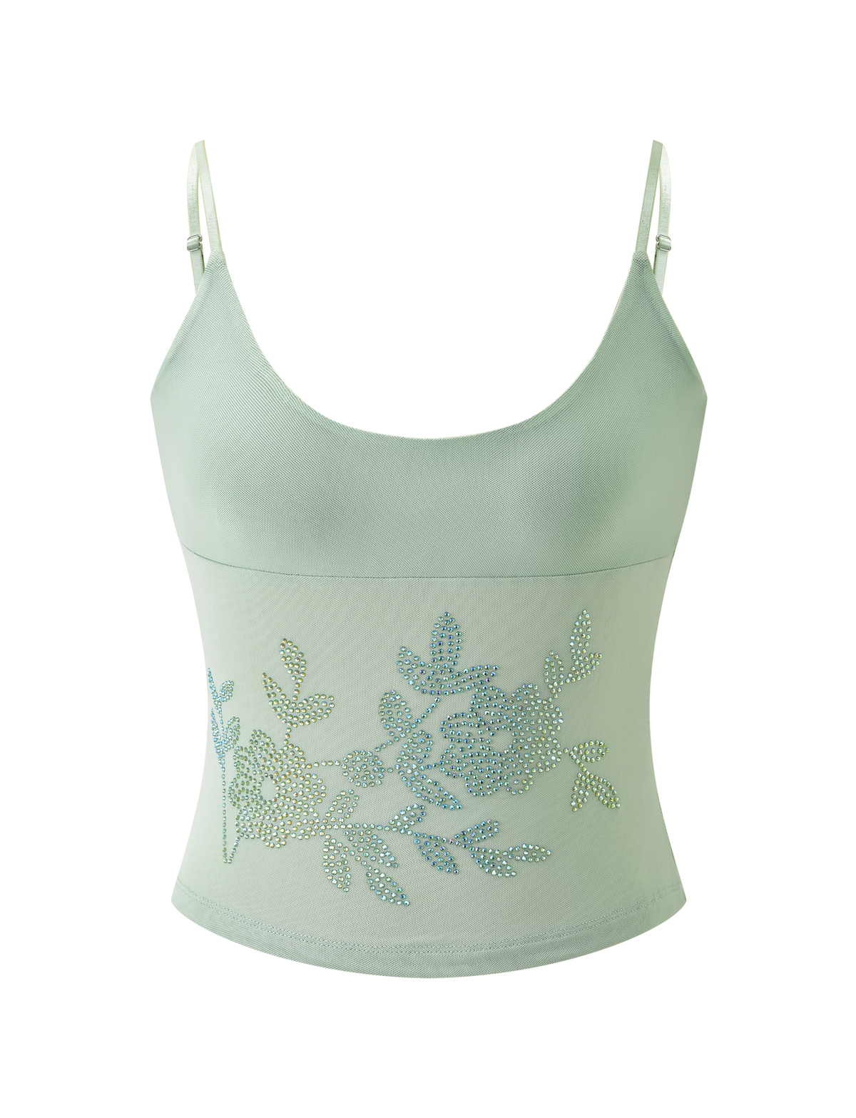The OCTAVIA TOP - PISTACHIO by TIGERMIST is a pastel green, sleeveless crop top with thin adjustable straps, a scoop neckline, and sparkling floral embellishment on the front.