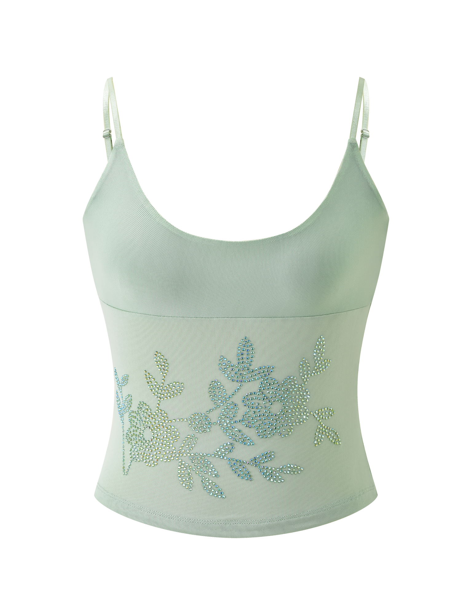 The OCTAVIA TOP - PISTACHIO by TIGERMIST is a pastel green, sleeveless crop top with thin adjustable straps, a scoop neckline, and sparkling floral embellishment on the front.