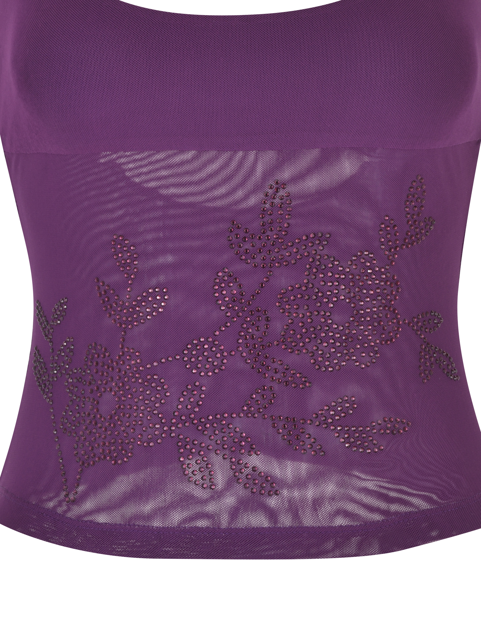 The OCTAVIA TOP by TIGERMIST is a fitted, semi-transparent purple mesh top featuring shiny floral stud embellishments and intricate flower and leaf designs for an elegant look.