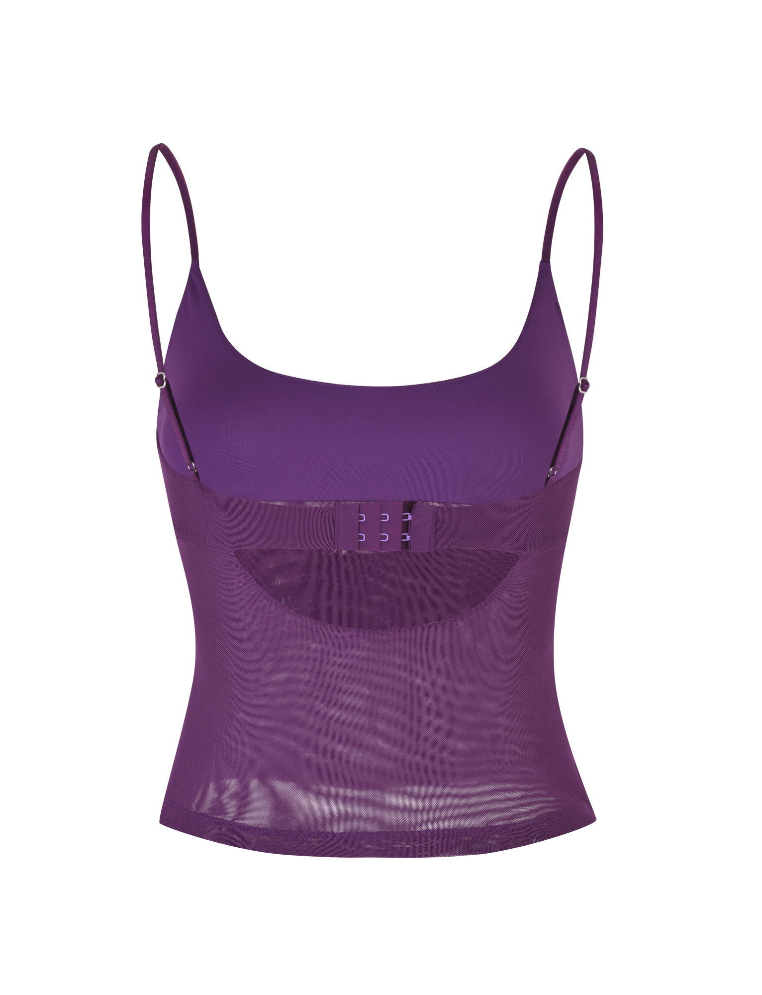 The OCTAVIA TOP - PURPLE by TIGERMIST is a sleeveless mesh camisole with adjustable spaghetti straps and a hook-and-eye back closure, shown on a white background.