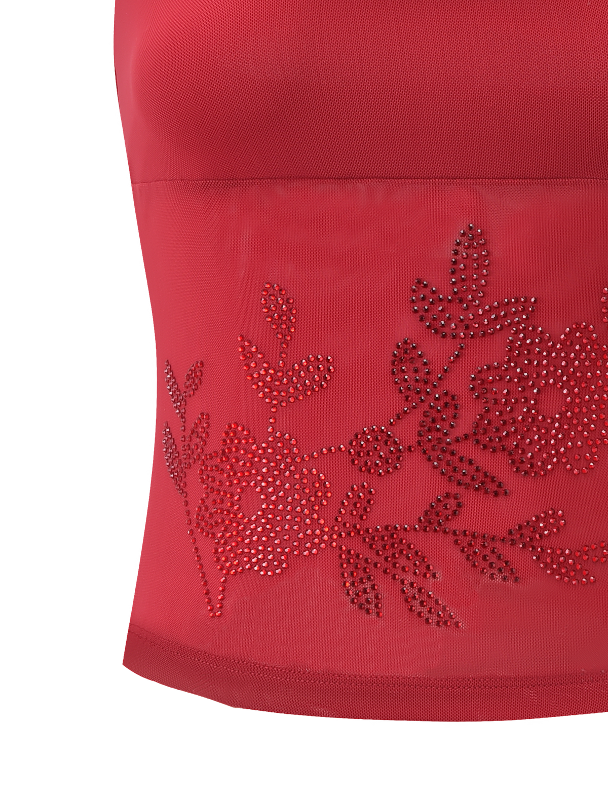 Close-up of the TIGERMIST OCTAVIA TOP - RED, a red spaghetti strap top with a sheer panel embellished with rhinestone floral designs. Delicate flowers and leaves sparkle against a plain white background.