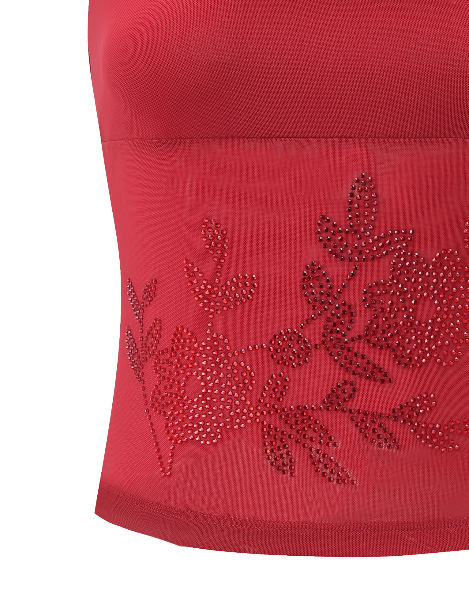 Close-up of the TIGERMIST OCTAVIA TOP - RED, a red spaghetti strap top with a sheer panel embellished with rhinestone floral designs. Delicate flowers and leaves sparkle against a plain white background.
