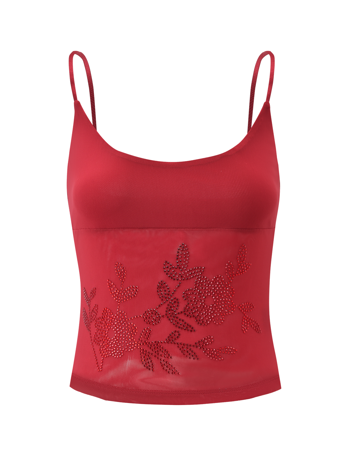 The OCTAVIA TOP - RED by TIGERMIST is a striking spaghetti strap top with a sheer mesh hem and sparkling floral rhinestone details—perfect for making an impression at any event.
