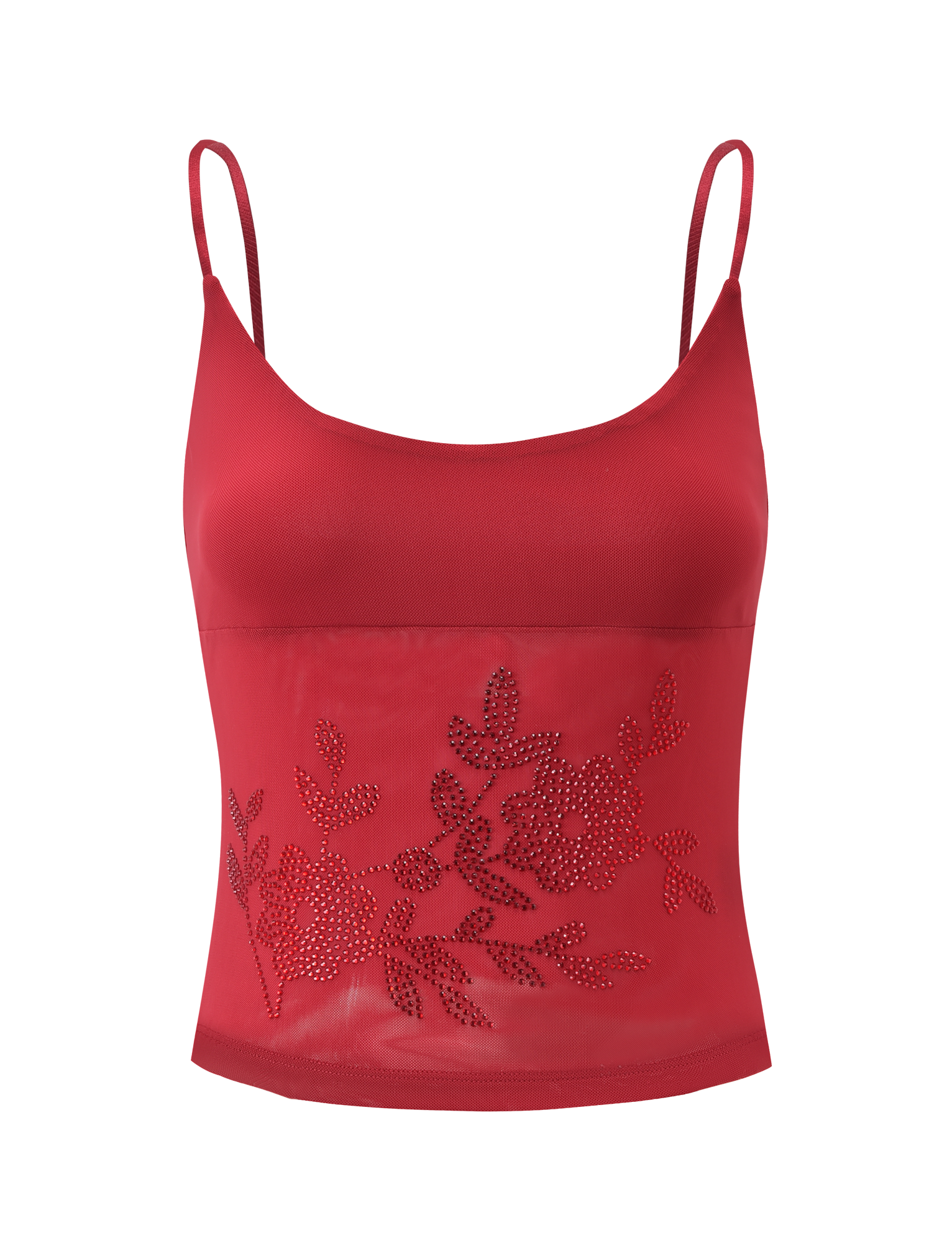 The OCTAVIA TOP - RED by TIGERMIST is a striking spaghetti strap top with a sheer mesh hem and sparkling floral rhinestone details—perfect for making an impression at any event.