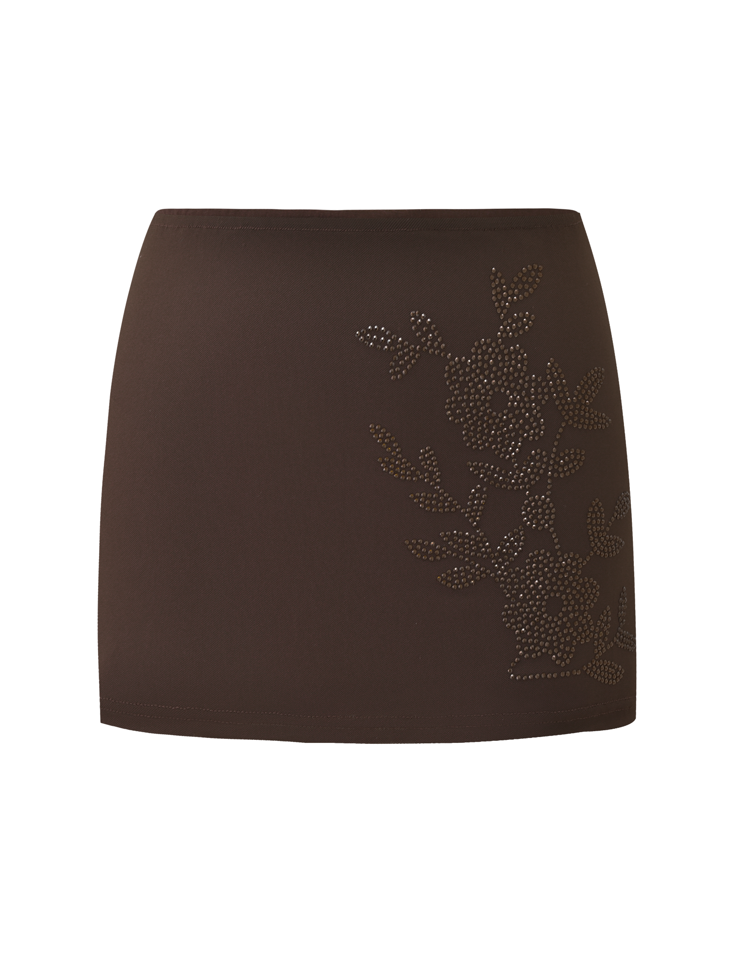 The TIGERMIST OCTAVIA MINI SKIRT - CHOCOLATE SPARKLE is a brown mini skirt with subtle floral embellishments made of small, shiny studs on one side, displayed against a plain white background.