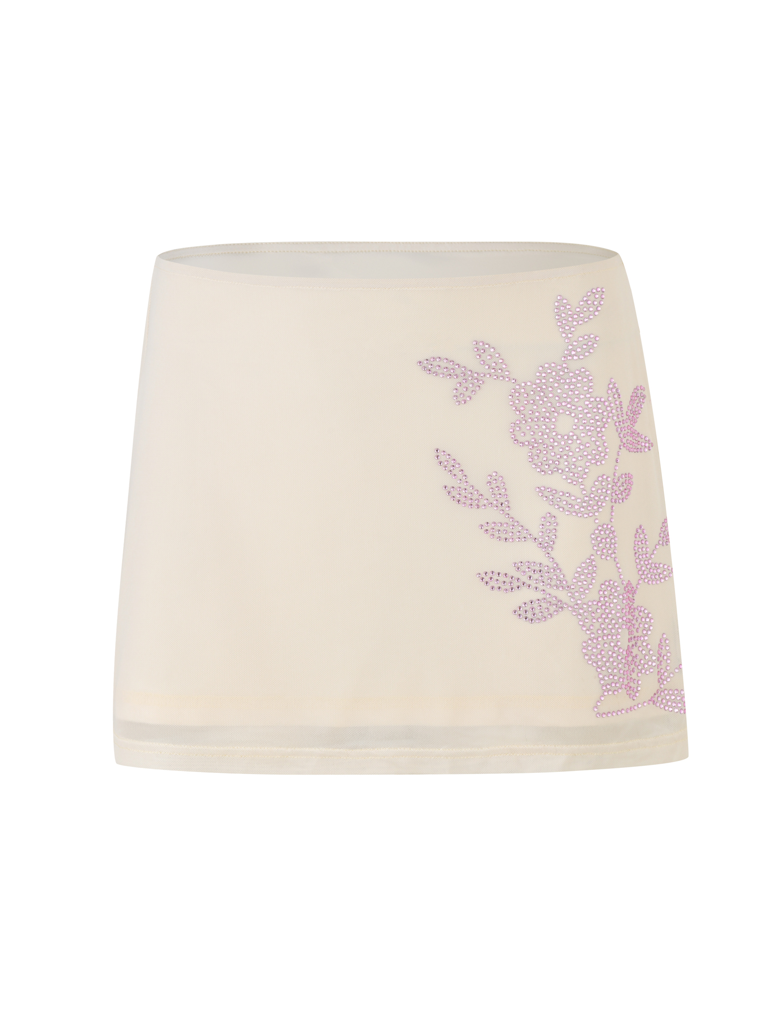 The OCTAVIA MINI SKIRT - NEUTRAL : CREAM by TIGERMIST is a cream mini skirt with a pink rhinestone floral design on one side, shown against a white background.