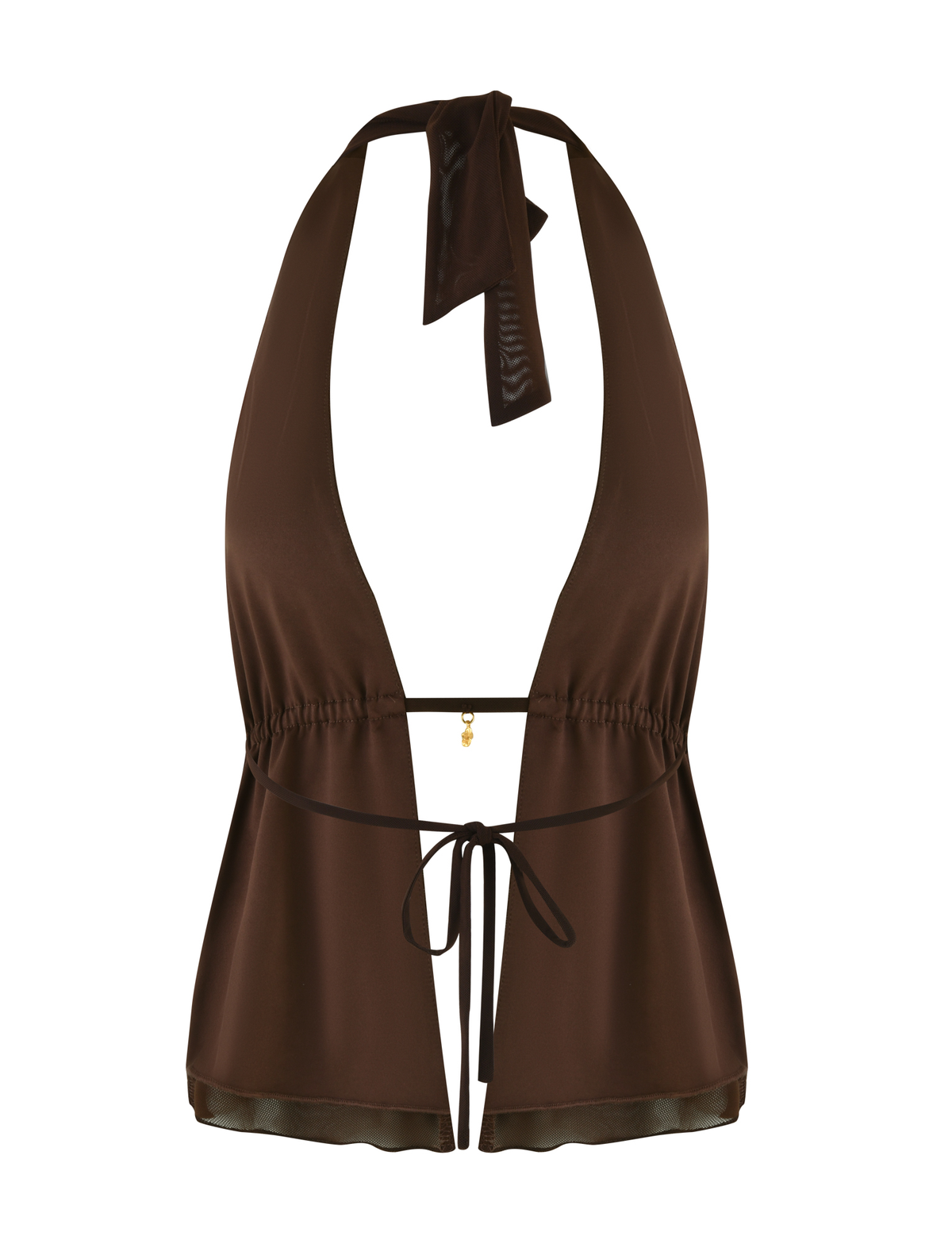 The TIGERMIST ESHA TOP - BROWN: CHOCOLATE is a satin-look halter neck top with a deep V-neckline, open front, adjustable waist ties, and a wide neck strap that ties at the back.