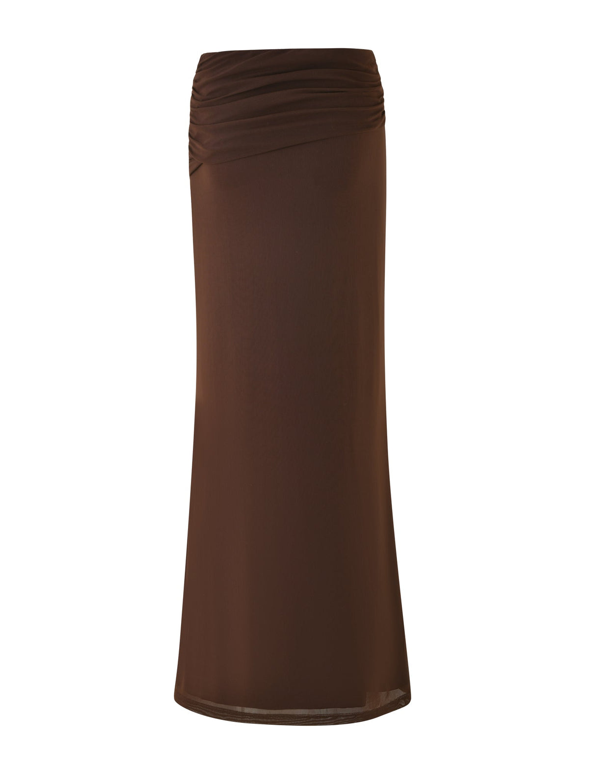The TIGERMIST ESHA MAXI SKIRT - BROWN: CHOCOLATE highlights a ruched waist and a smooth-textured A-line maxi design, elegantly falling to the hem.