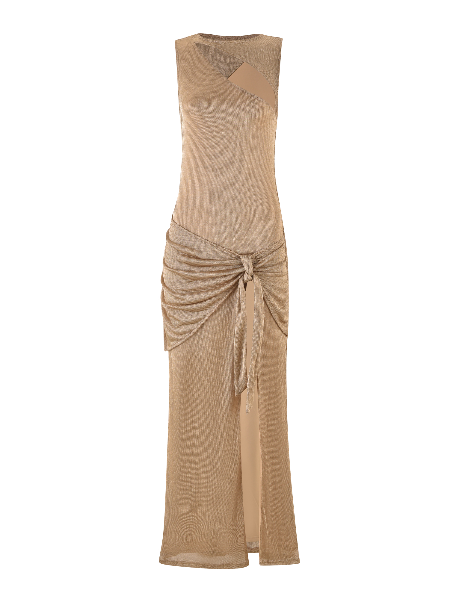 TIGERMIST's AZELMA MAXI DRESS in gold features a sleeveless metallic knit, maxi silhouette, asymmetric cutout neckline, front knot waist detail, draped skirt, and slight ruching.