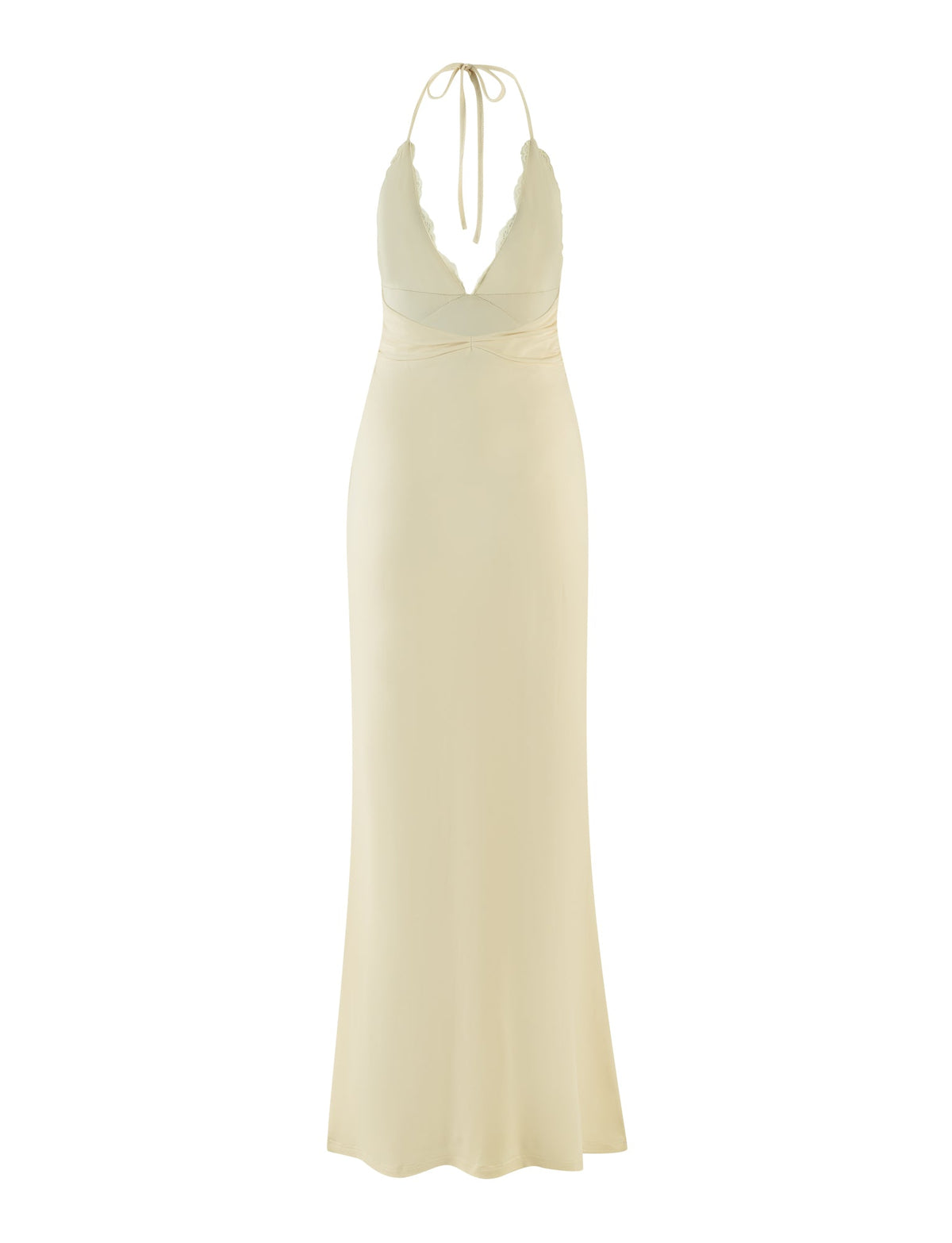 The DEENA MAXI DRESS - YELLOW : LEMON by TIGERMIST is a long, light yellow halter neck piece featuring lace bust cups and a deep V-neckline. It highlights a gathered waist and maxi length, with a flowing skirt that ties elegantly at the back of the neck, all set against a plain white background.