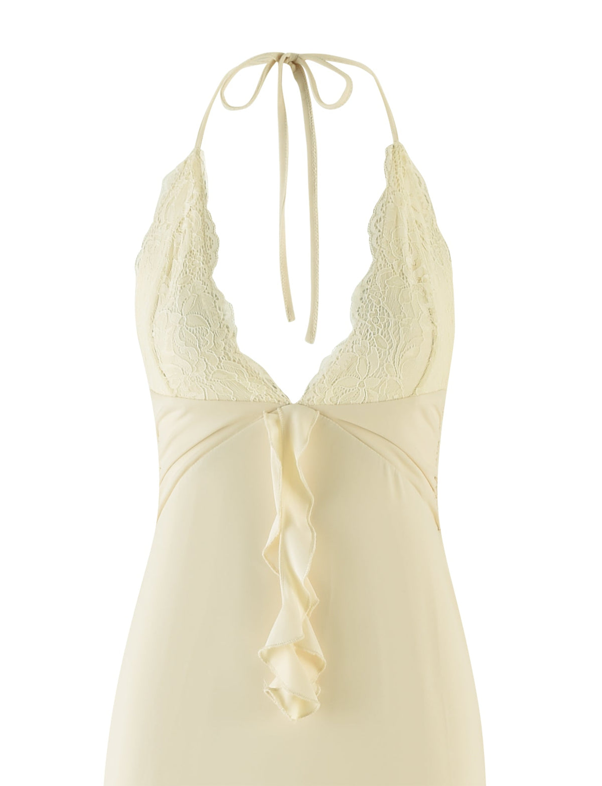 The DEENA MAXI DRESS - YELLOW : LEMON by TIGERMIST is a sleeveless halter dress featuring lace bust cups and intricate lace detailing on the bodice. Its maxi length adds sophistication, complemented by a ruffled fabric accent at the center. The dress ties around the neck and boasts a deep V-neckline with scalloped edges.