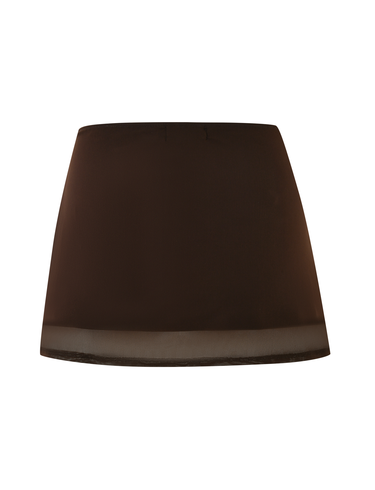 The TIGERMIST OCTAVIA MINI SKIRT - BROWN : CHOCOLATE features a straight cut and a sheer mesh hem, shown against a white background.