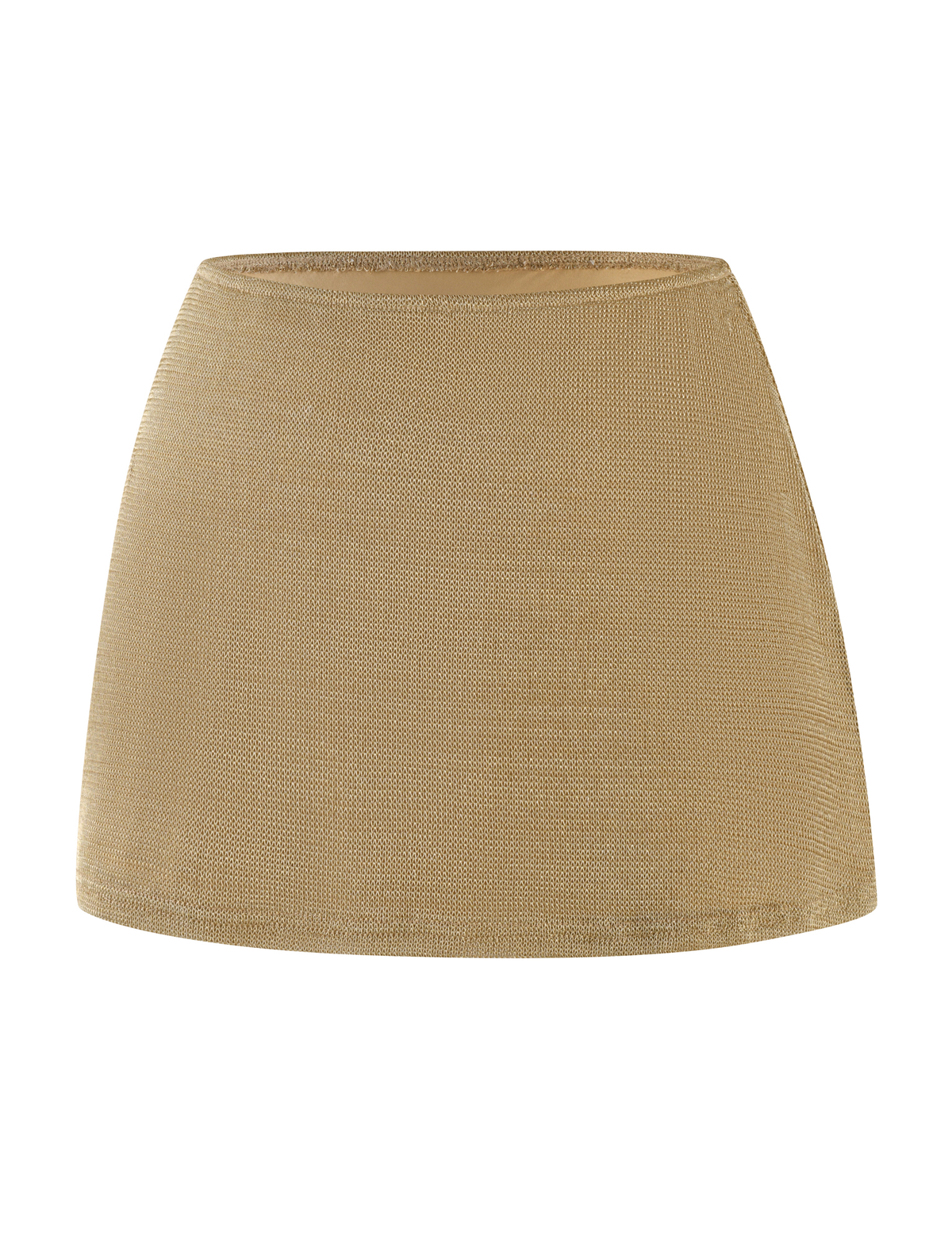 The TIGERMIST OCTAVIA MINI SKIRT - GOLD is a short, gold-toned metallic knit skirt with a textured finish, simple A-line fit, and straight silhouette, shown against a white background.