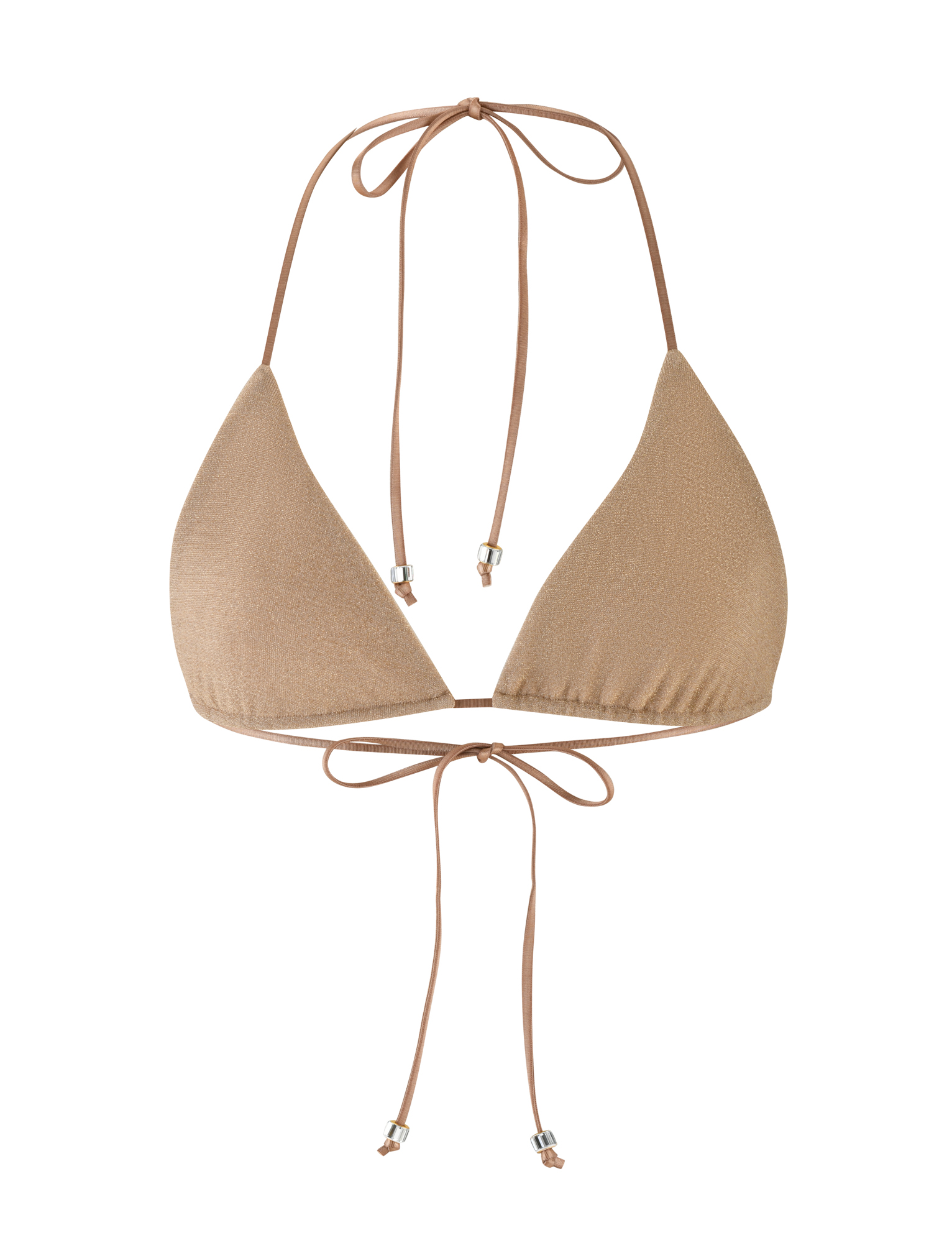 The TIGERMIST AVE BIKINI TOP - GOLD features a bodycon silhouette, thin tie straps with metallic caps, and a subtly shiny finish, shown against a white background.