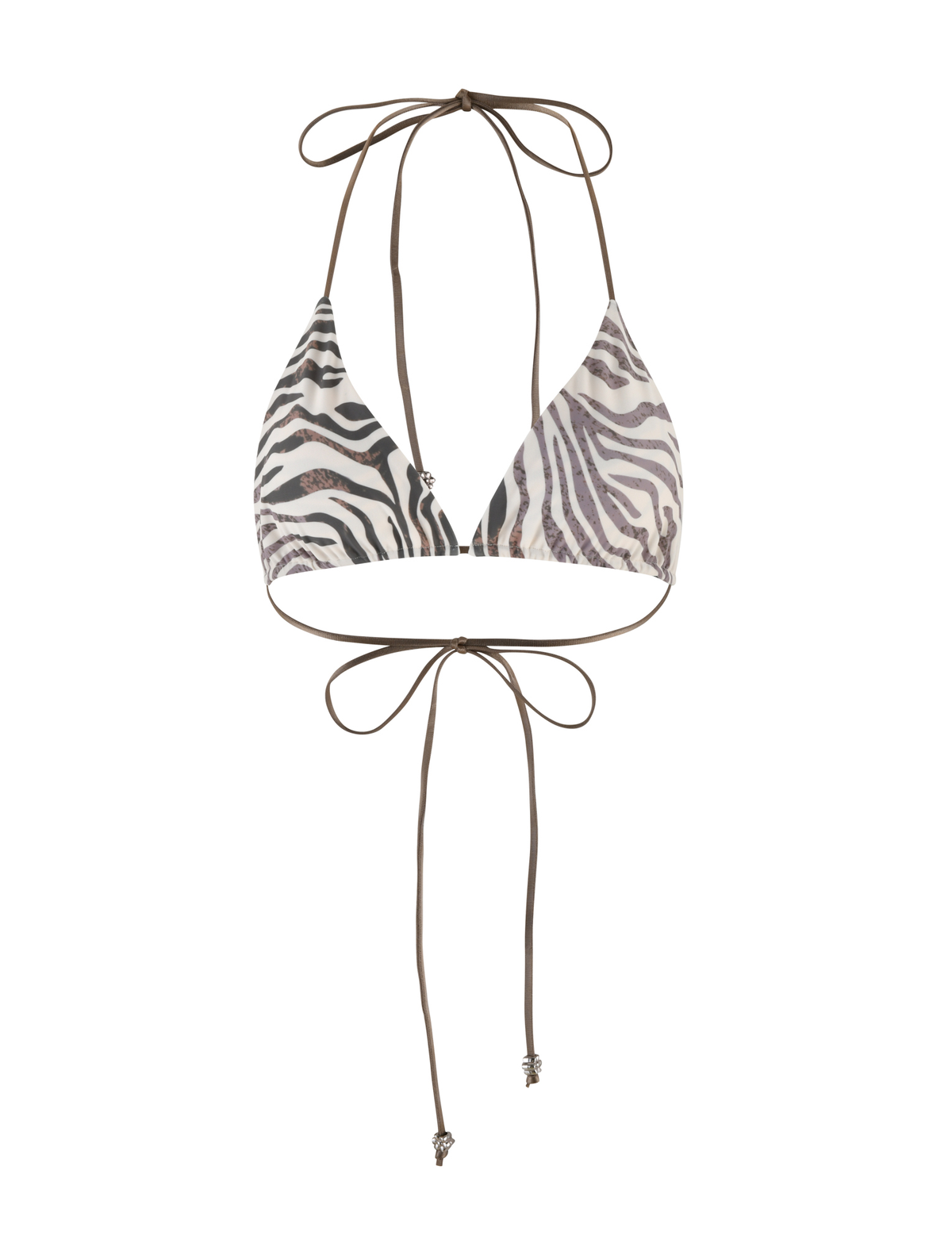 The TIGERMIST AVE BIKINI TOP - NEUTRAL : ZEBRA features triangle cups in a striking zebra print, with a halter neck and thin brown adjustable ties at the neck and back.