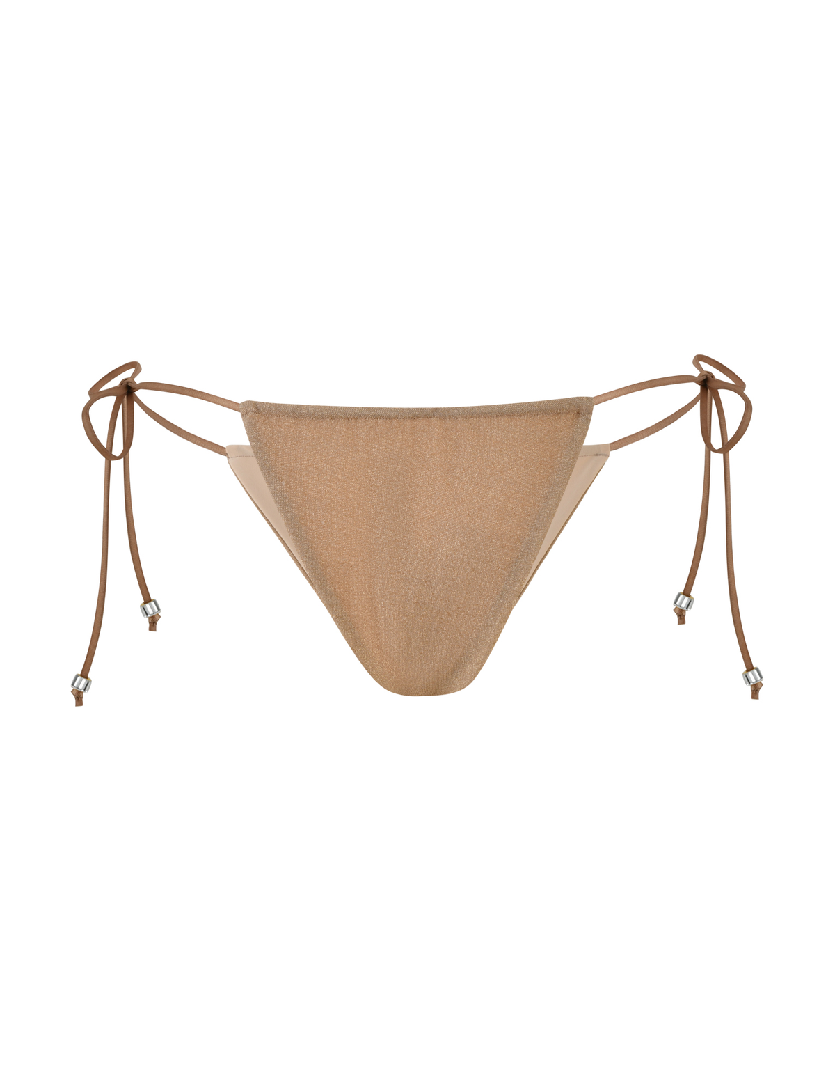 The AVE BIKINI BOTTOM - GOLD by TIGERMIST features adjustable side ties with metallic bead accents, adding subtle glamour to this gold sparkle bikini. Shown against a plain white background.