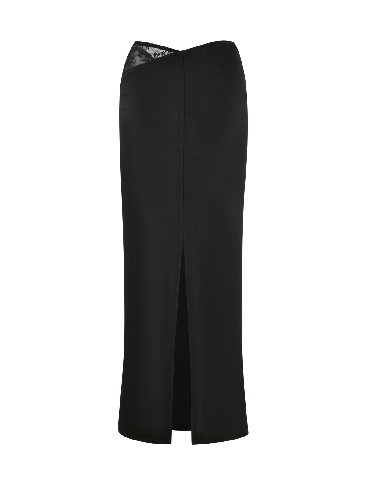 The EMERI SKIRT - BLACK by TIGERMIST features a sleek, high-waisted design with a glossy waistband and subtle centre back split, shown against a plain background.