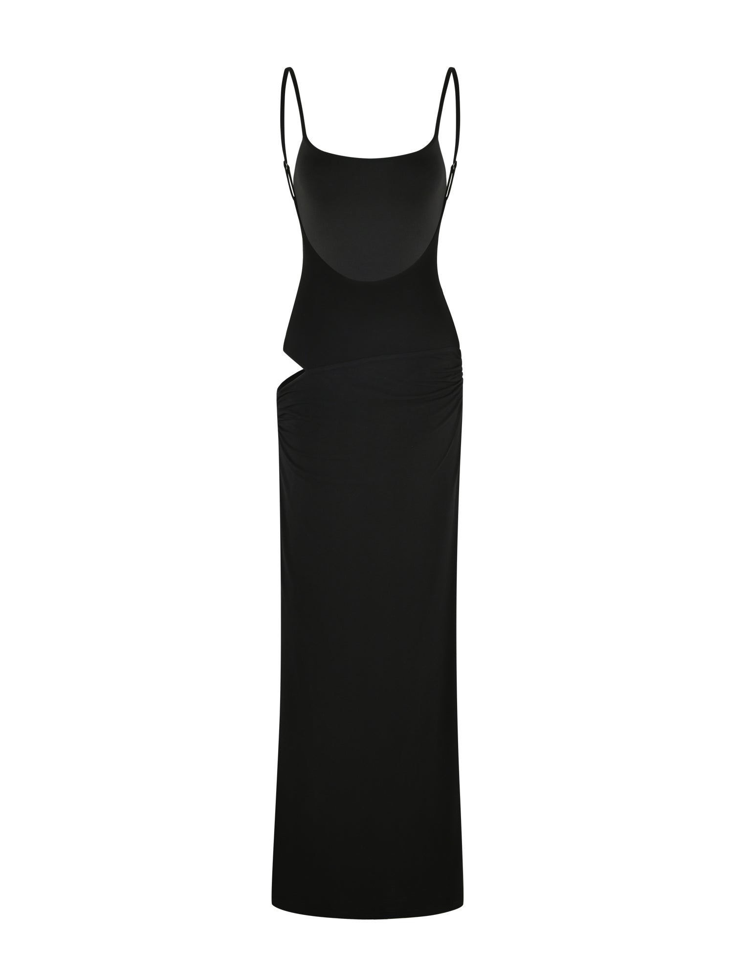 The UMA DRESS - BLACK by TIGERMIST is a fitted black jersey bodycon maxi dress, featuring thin adjustable straps and an asymmetrical waist cutout.