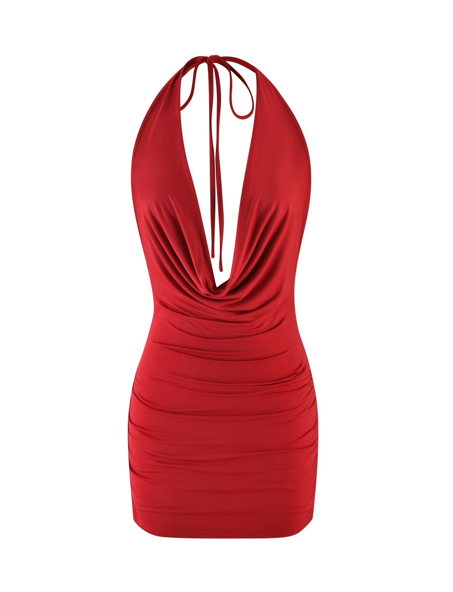 The KEIRA MINI DRESS - RED by TIGERMIST is a sleeveless, backless dark red halter dress with a plunging cowl neckline and ruched sides in a bodycon fit, shown on a white background.