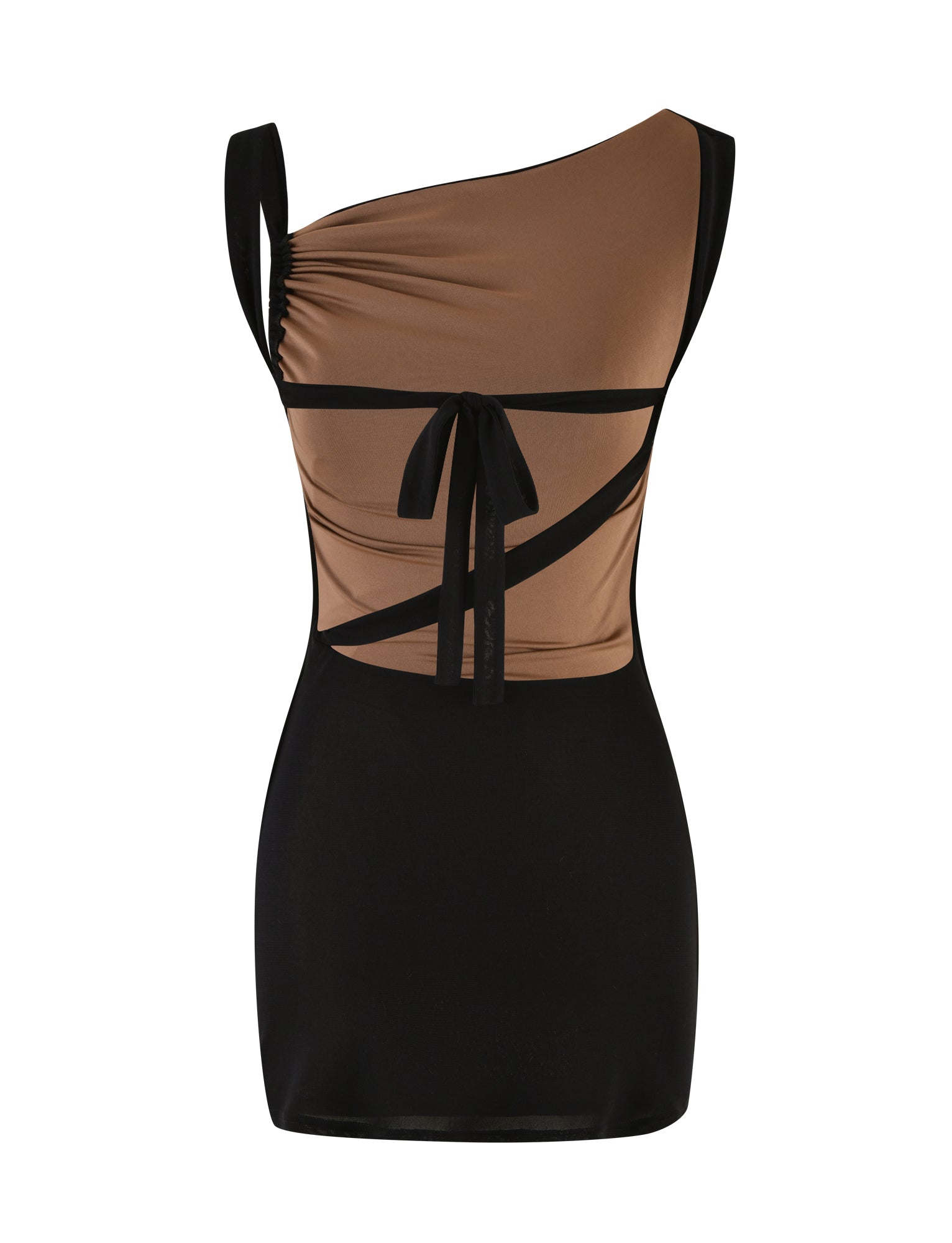 The FREYA DRESS - BLACK by TIGERMIST features a sleeveless, asymmetrical design with a tan upper, black trim, ruched shoulder, front ribbon tie, buttery soft fabric, and a fitted black mini skirt.