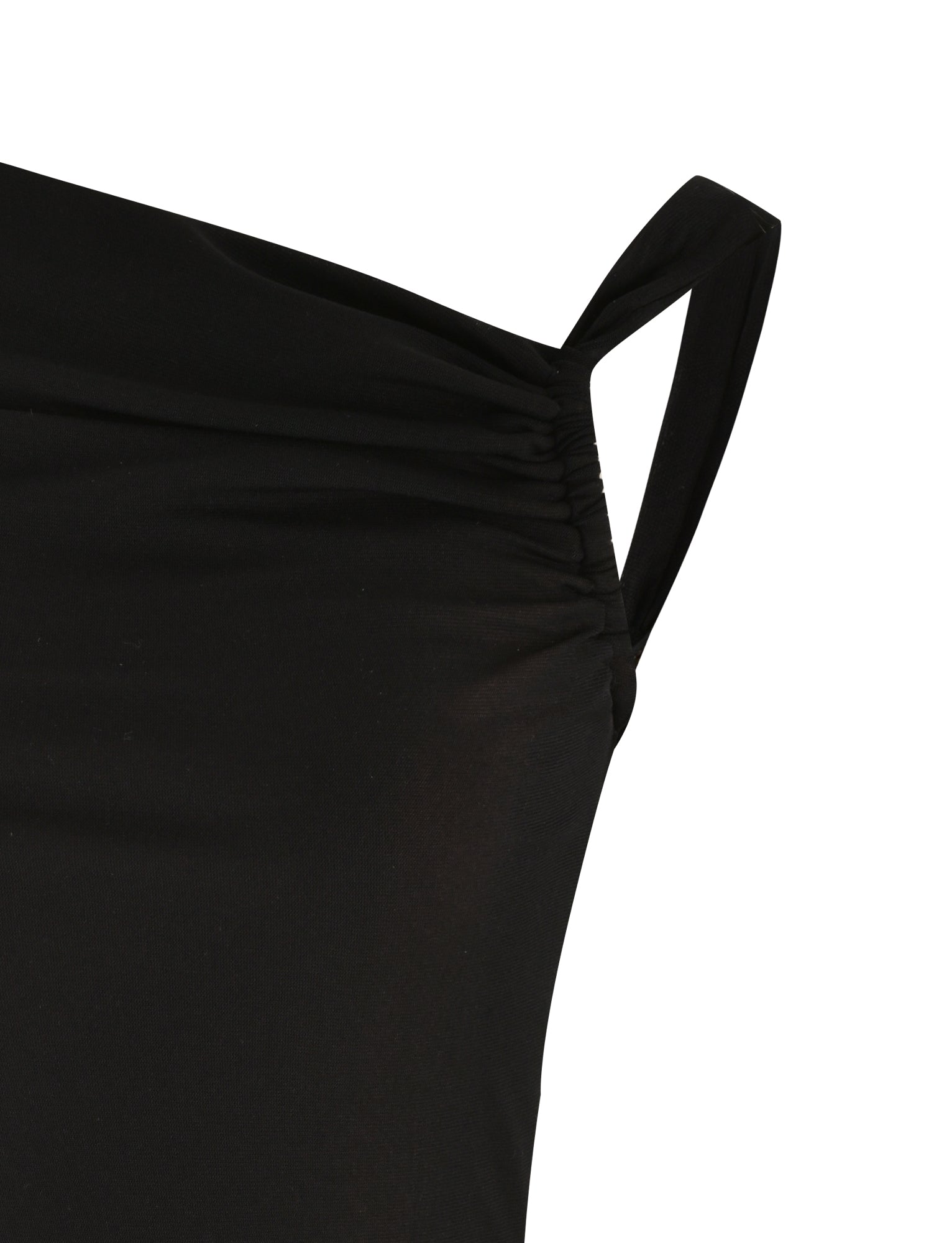 Close-up of the FREYA DRESS - BLACK by TIGERMIST, a black mini dress with an asymmetrical cut, one narrow shoulder strap, gathered neckline, open back, and buttery soft fabric for a sleek look.